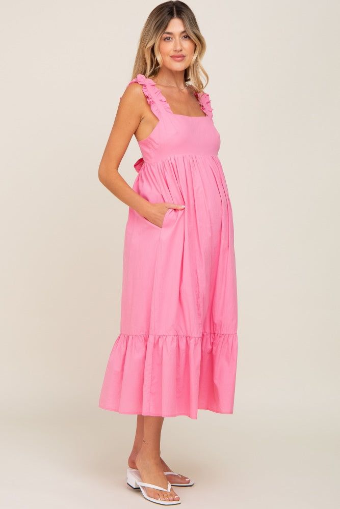 Pink Ruffle Accent Back Tie Maternity Midi Dress sold by Pinkblush product image thumbnail 2