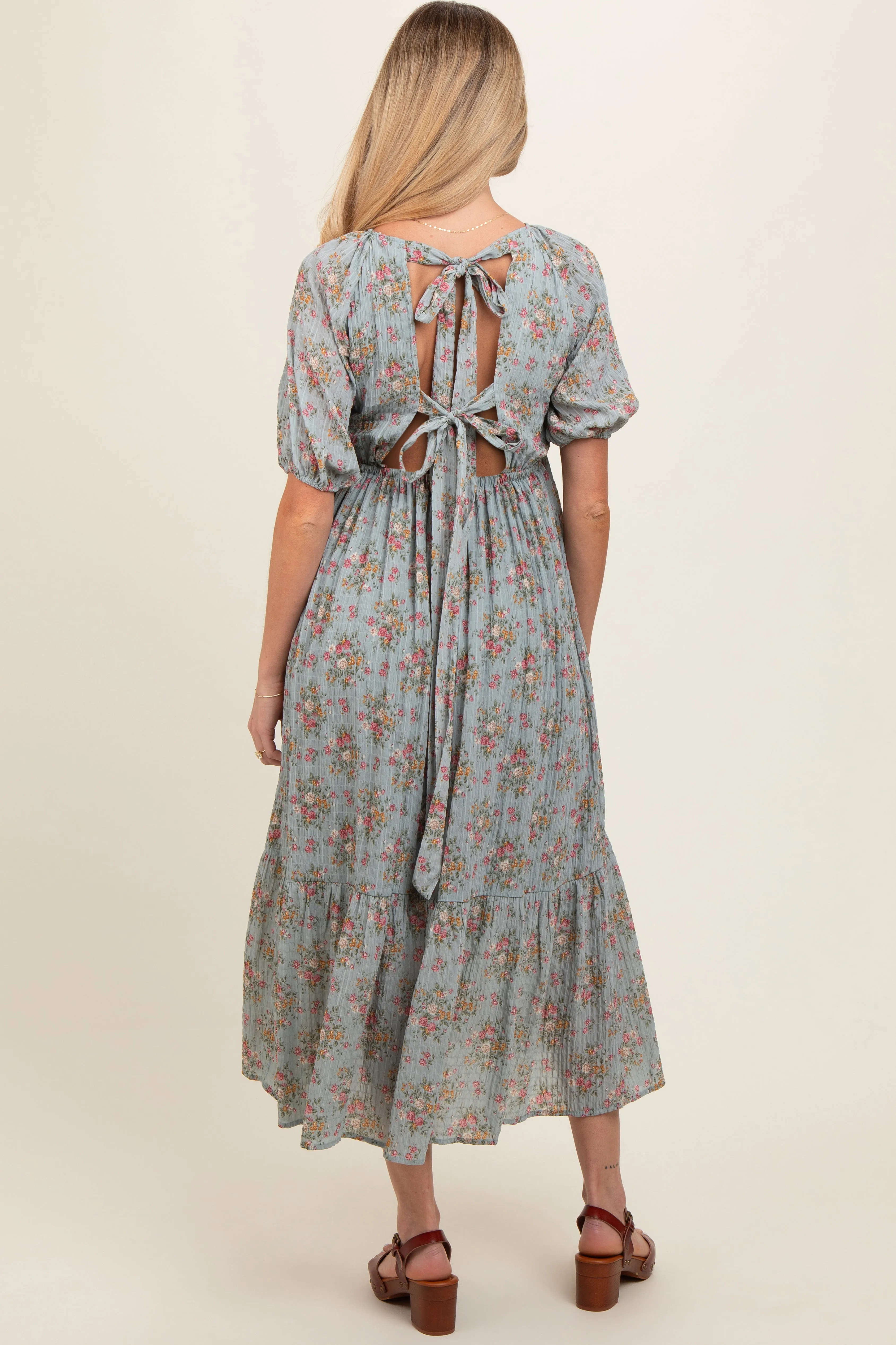 Light Blue Floral Textured Tied Open Back Maternity Maxi Dress sold by Pinkblush product image thumbnail 3