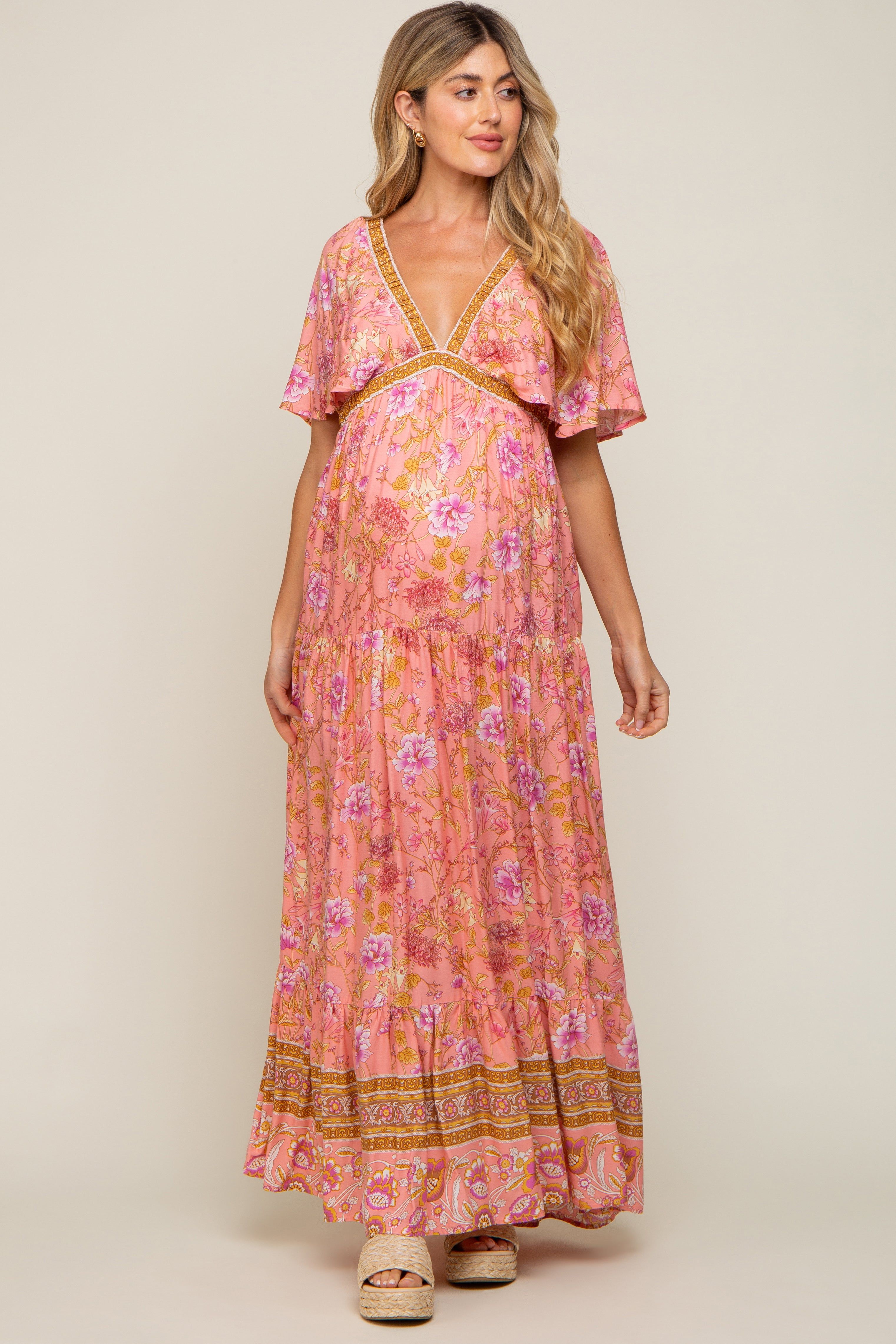 Pink Floral V-Neck Maternity Maxi Dress sold by Pinkblush product image thumbnail 4