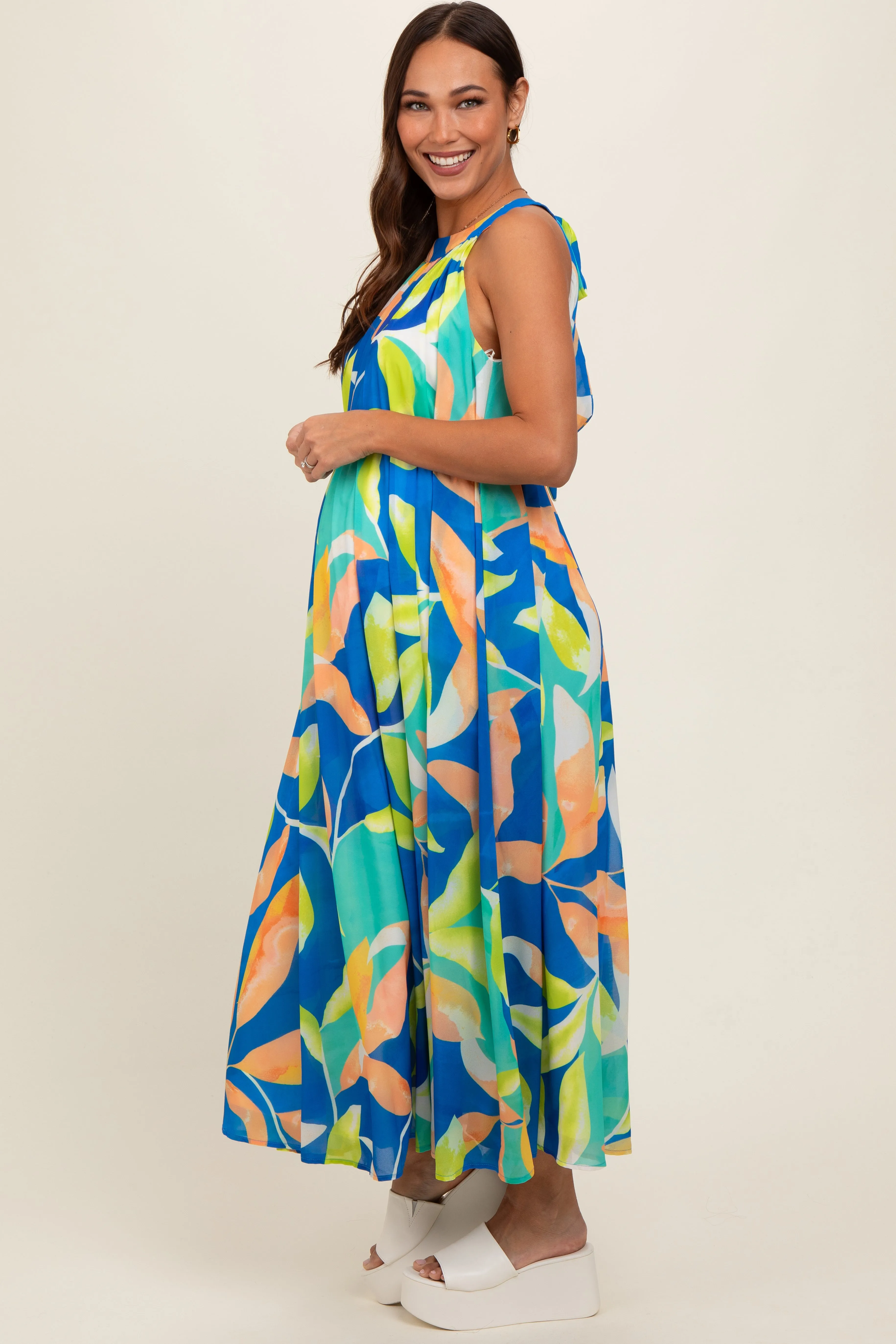 Royal Blue Leaf Print Halter Maternity Midi Dress sold by Pinkblush product image thumbnail 3