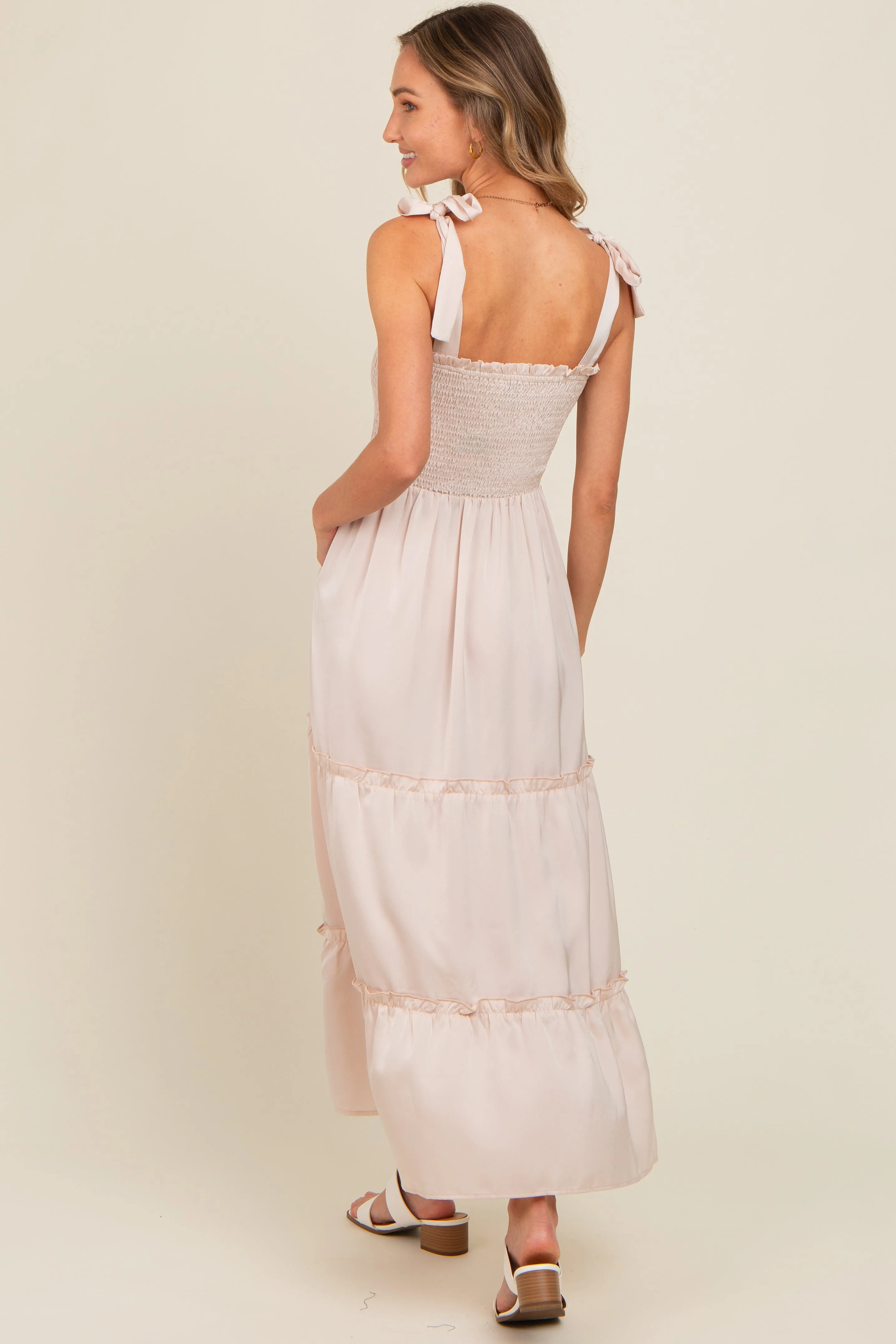 Beige Satin Smocked Maxi Dress sold by Pinkblush product image thumbnail 3