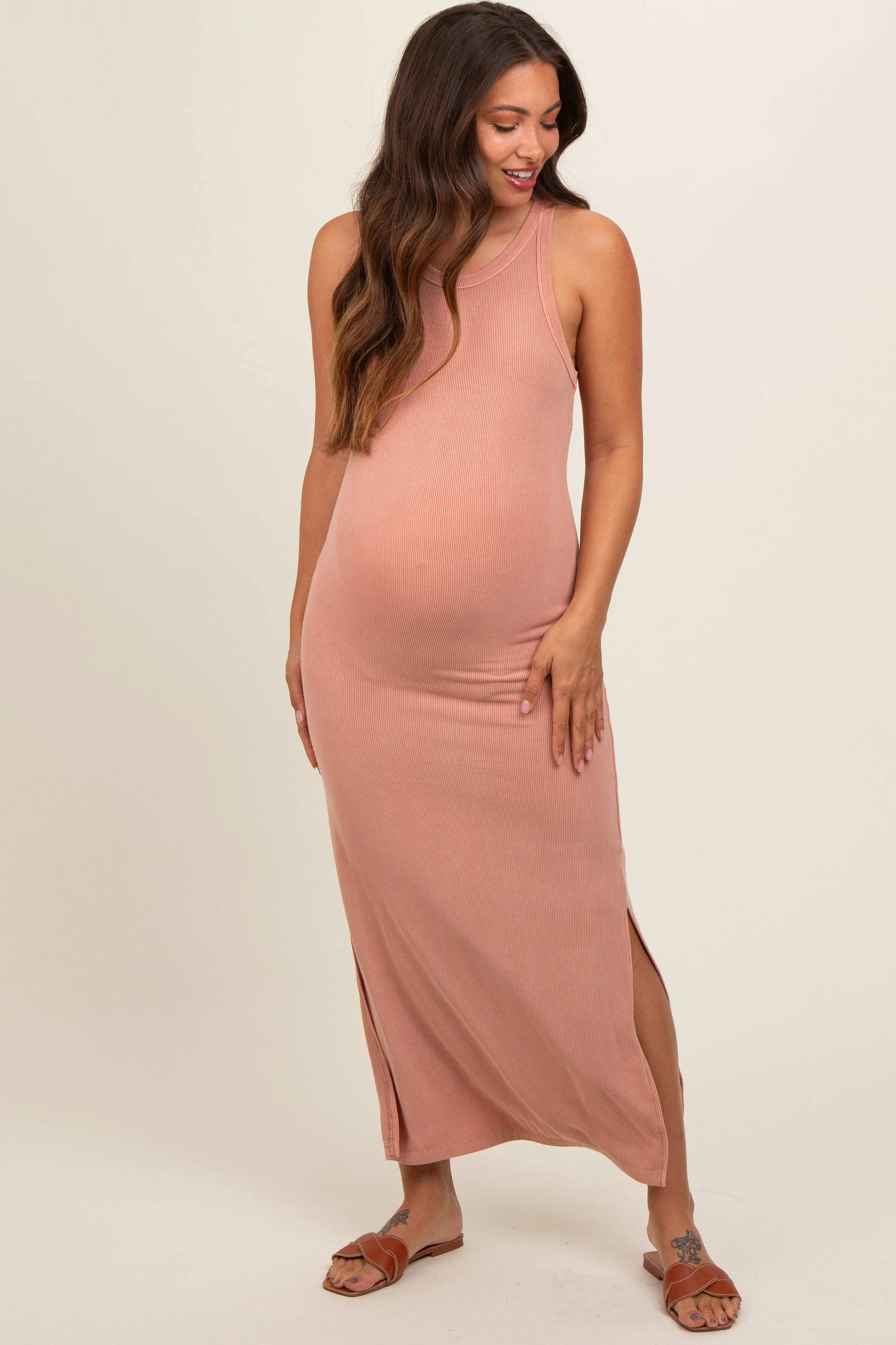 Rust Ribbed Knit Side Slit Sleeveless Maternity Dress sold by Pinkblush product image thumbnail 2