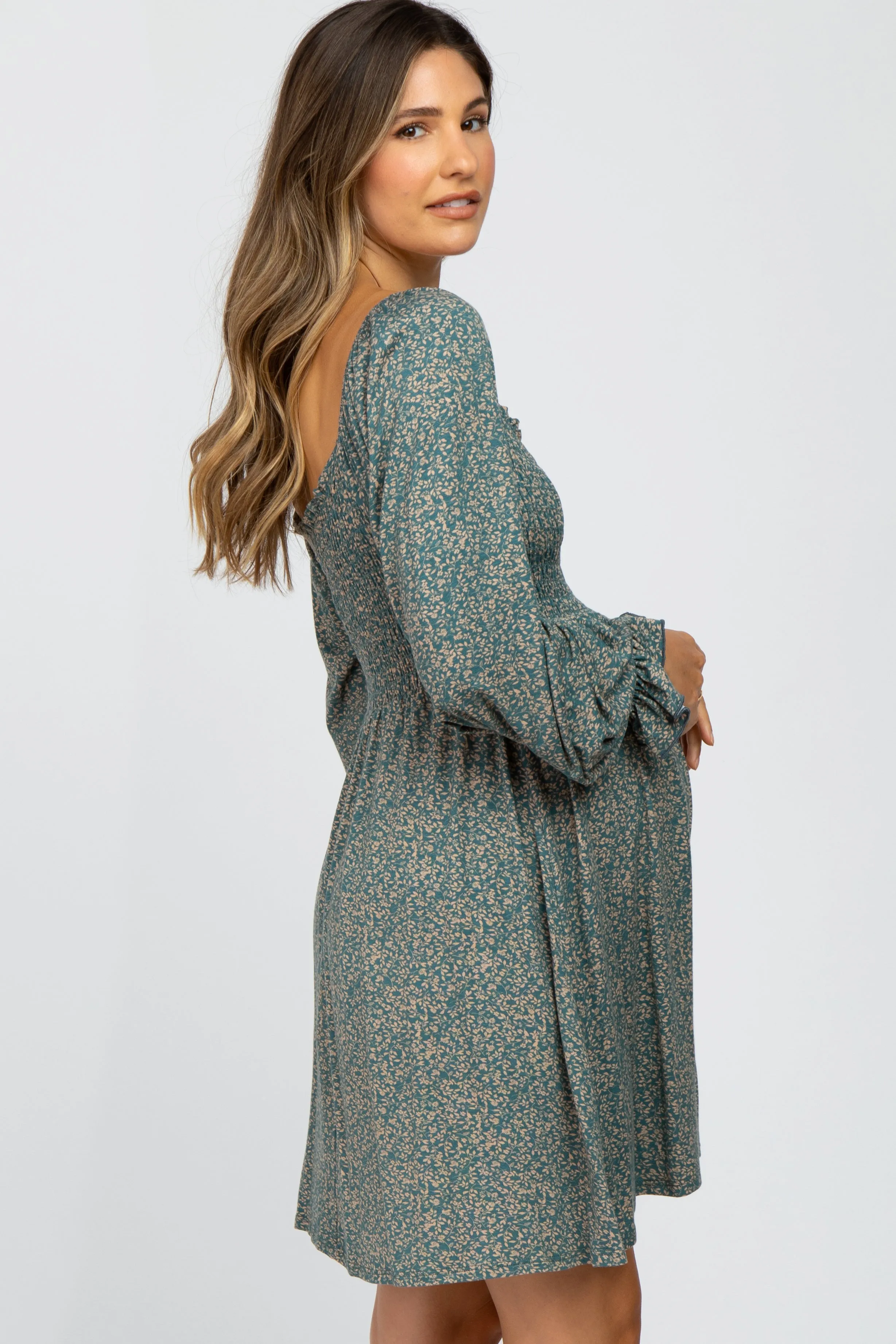 Teal Floral Smocked Peasant Sleeve Maternity Dress sold by Pinkblush product image thumbnail 2