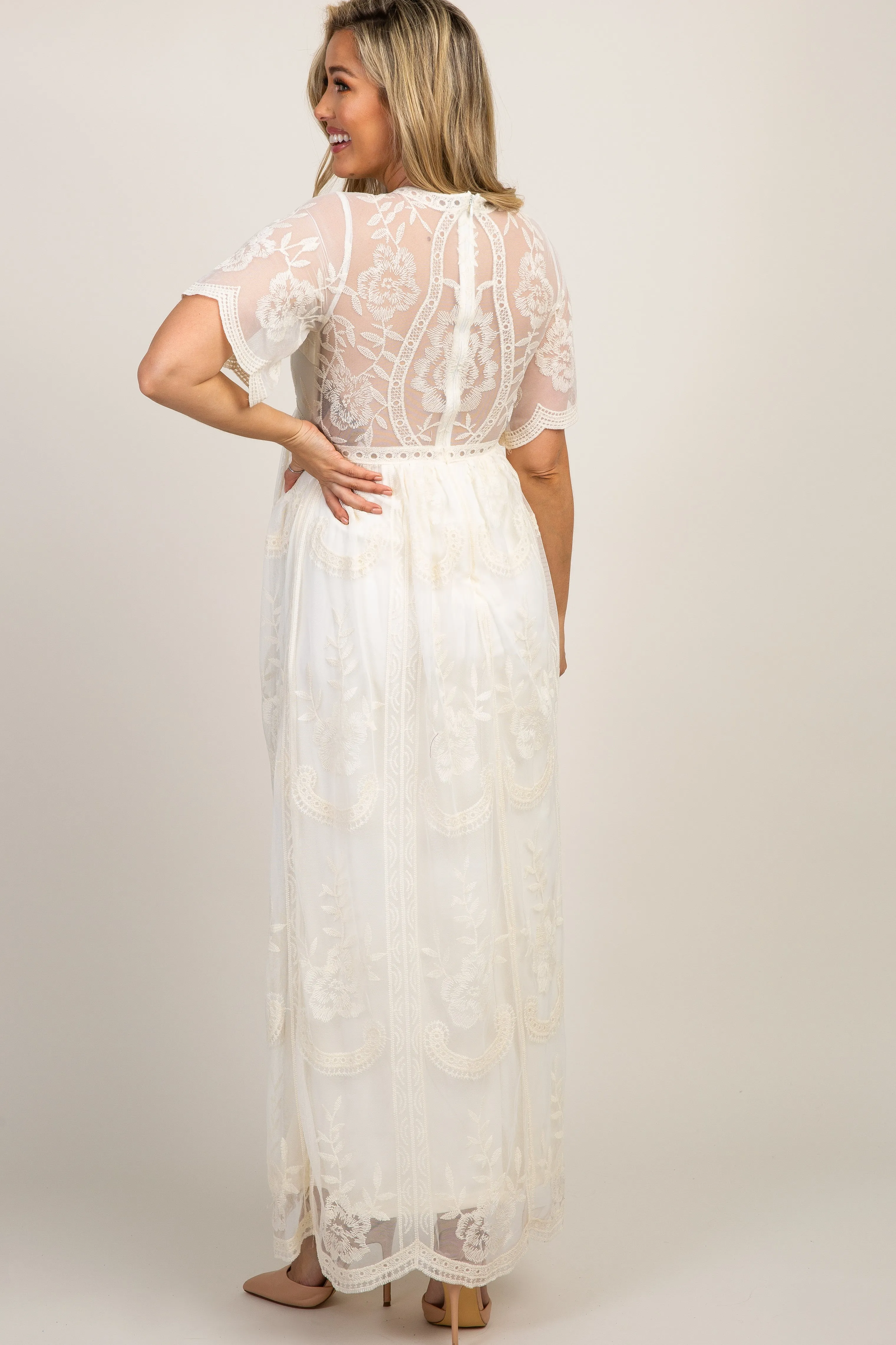 PinkBlush Cream Lace Mesh Overlay Maternity Maxi Dress sold by Pinkblush product image thumbnail 3