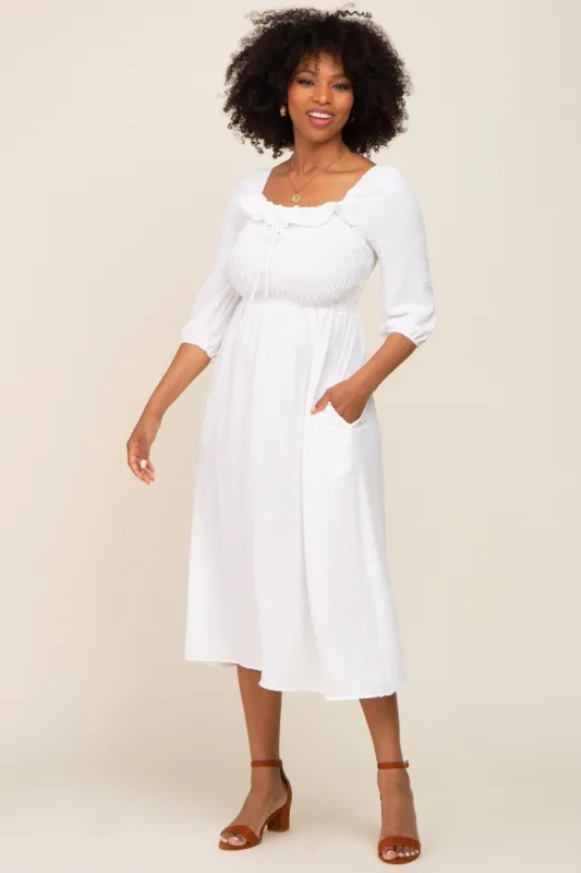 Ivory Swiss Dot 3/4 Sleeve Midi Dress sold by Pinkblush