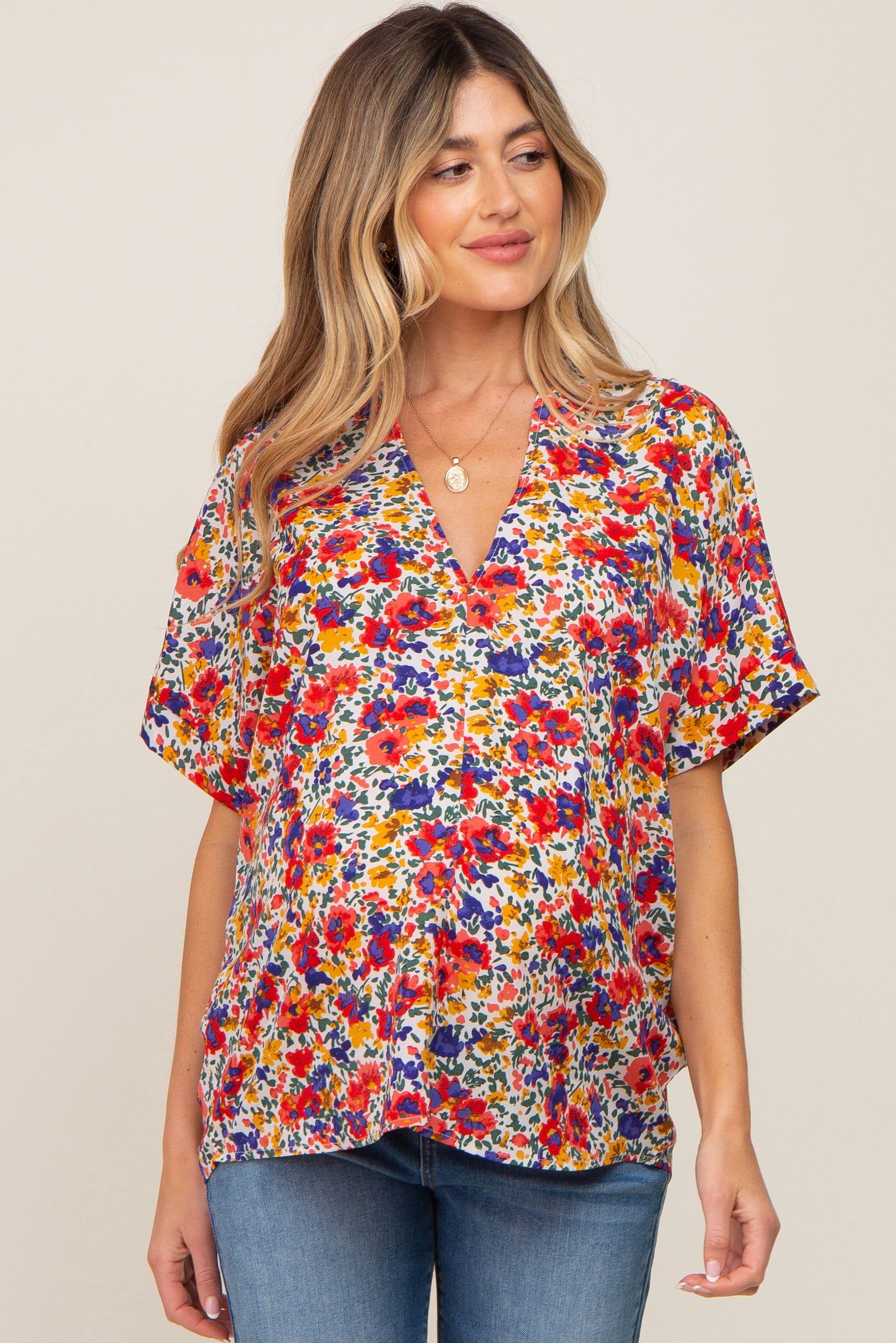 Ivory Floral V-Neck Short Dolman Sleeve Maternity Top sold by Pinkblush