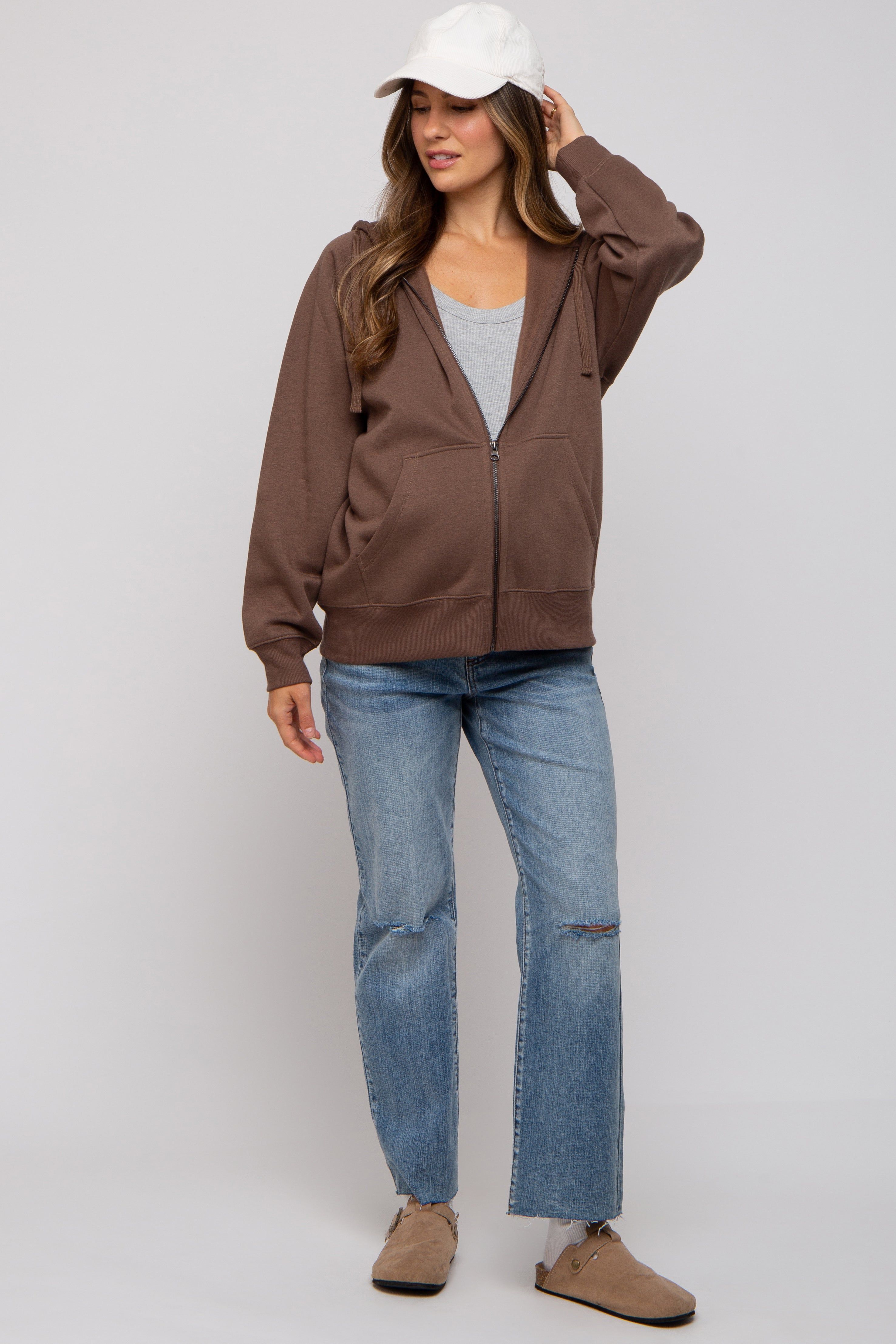 Brown Front Zipper Hooded Maternity Sweater sold by Pinkblush product image thumbnail 5