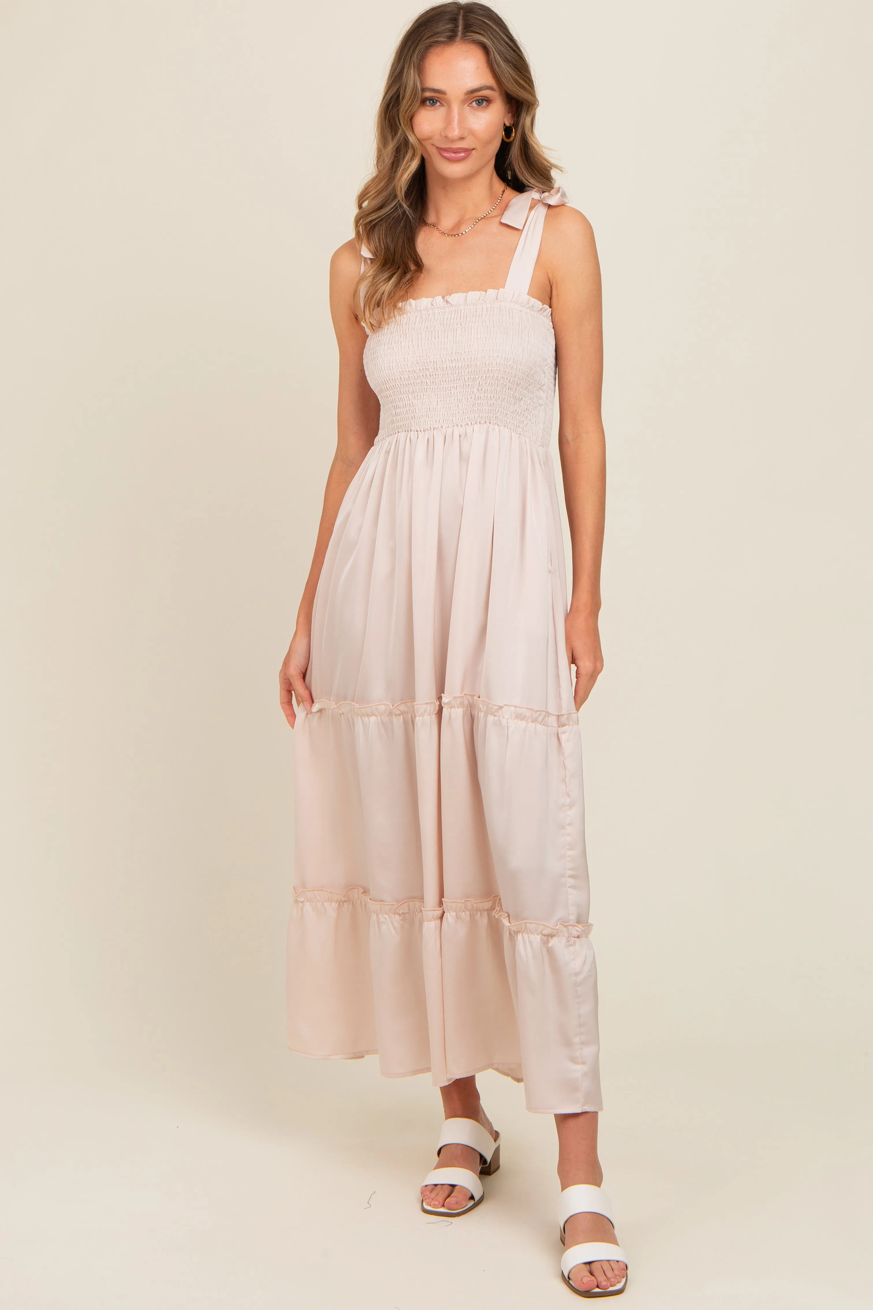 Beige Satin Smocked Maxi Dress sold by Pinkblush