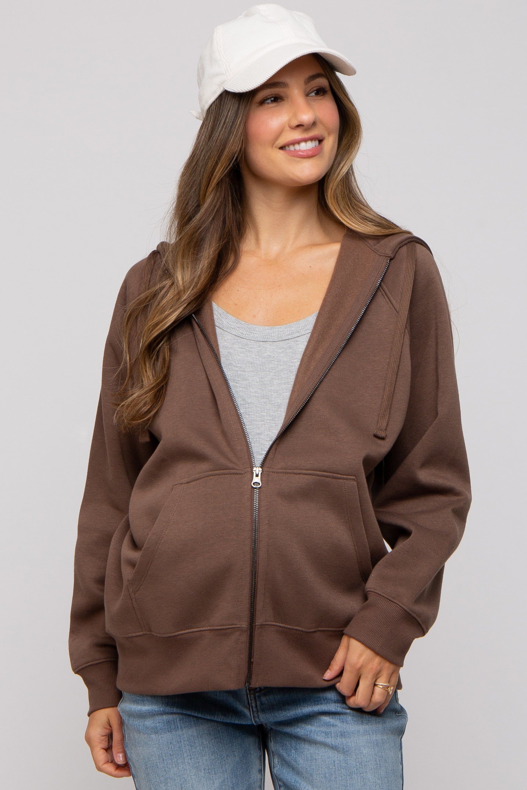 Brown Front Zipper Hooded Maternity Sweater sold by Pinkblush product image thumbnail 2