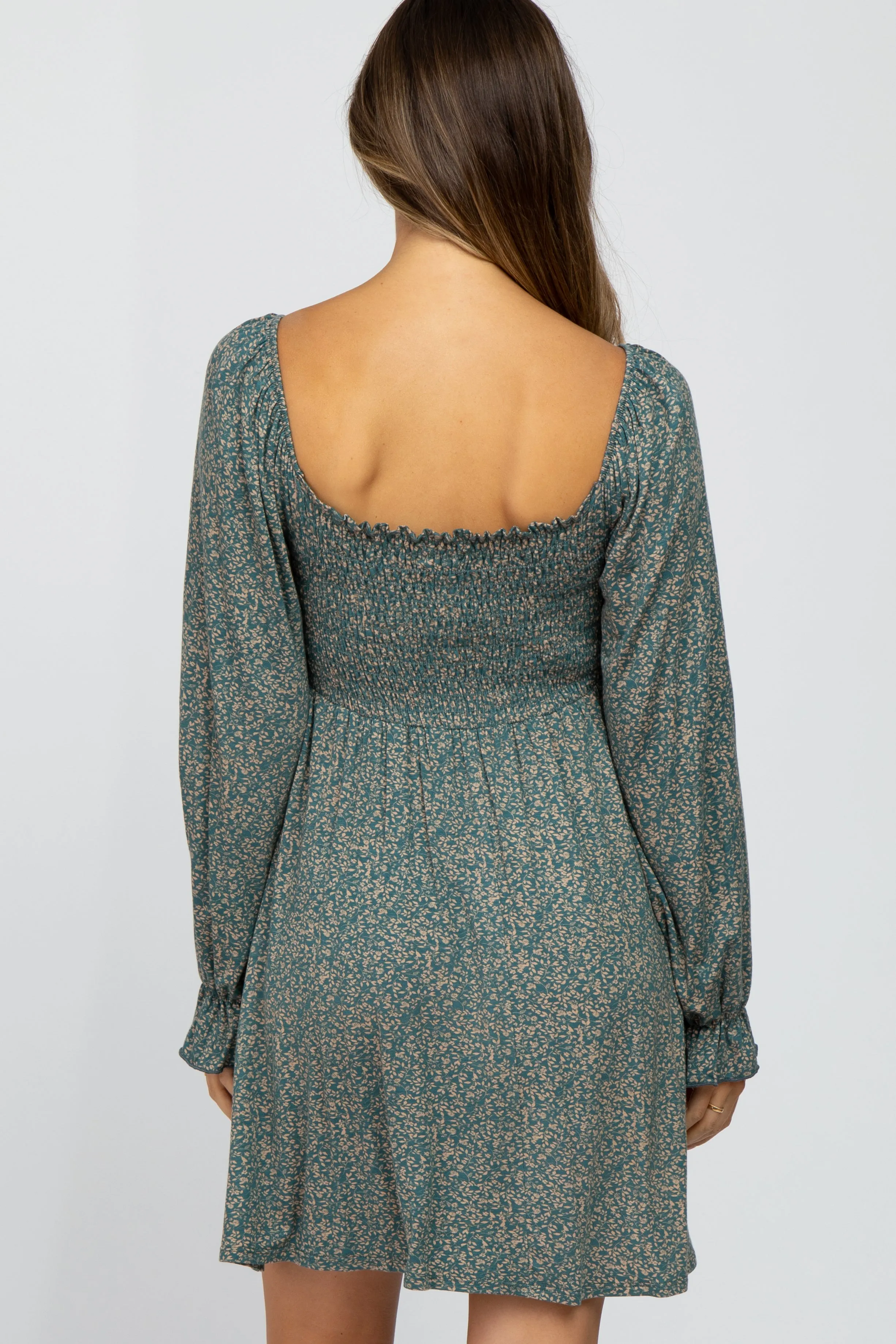 Teal Floral Smocked Peasant Sleeve Maternity Dress sold by Pinkblush product image thumbnail 3