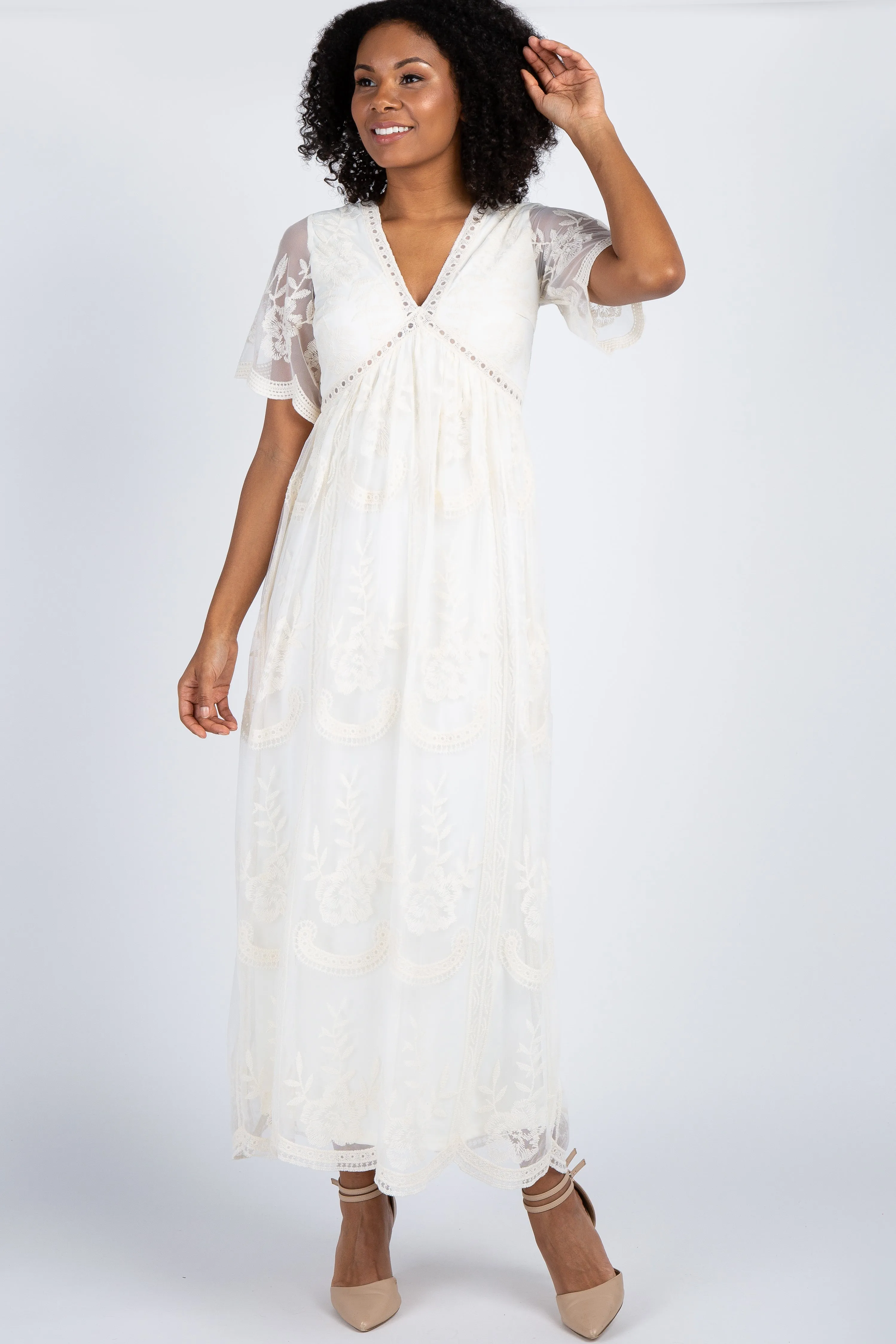 PinkBlush Cream Lace Mesh Overlay Maternity Maxi Dress sold by Pinkblush product image thumbnail 4