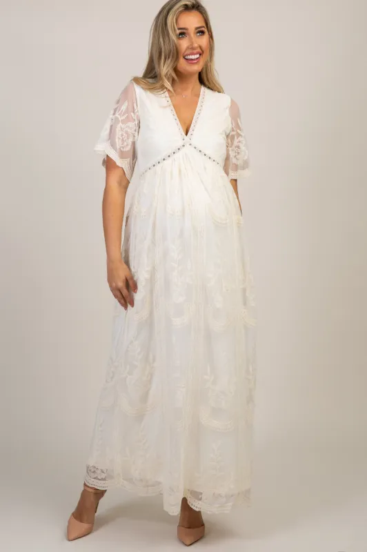 PinkBlush Cream Lace Mesh Overlay Maternity Maxi Dress sold by Pinkblush