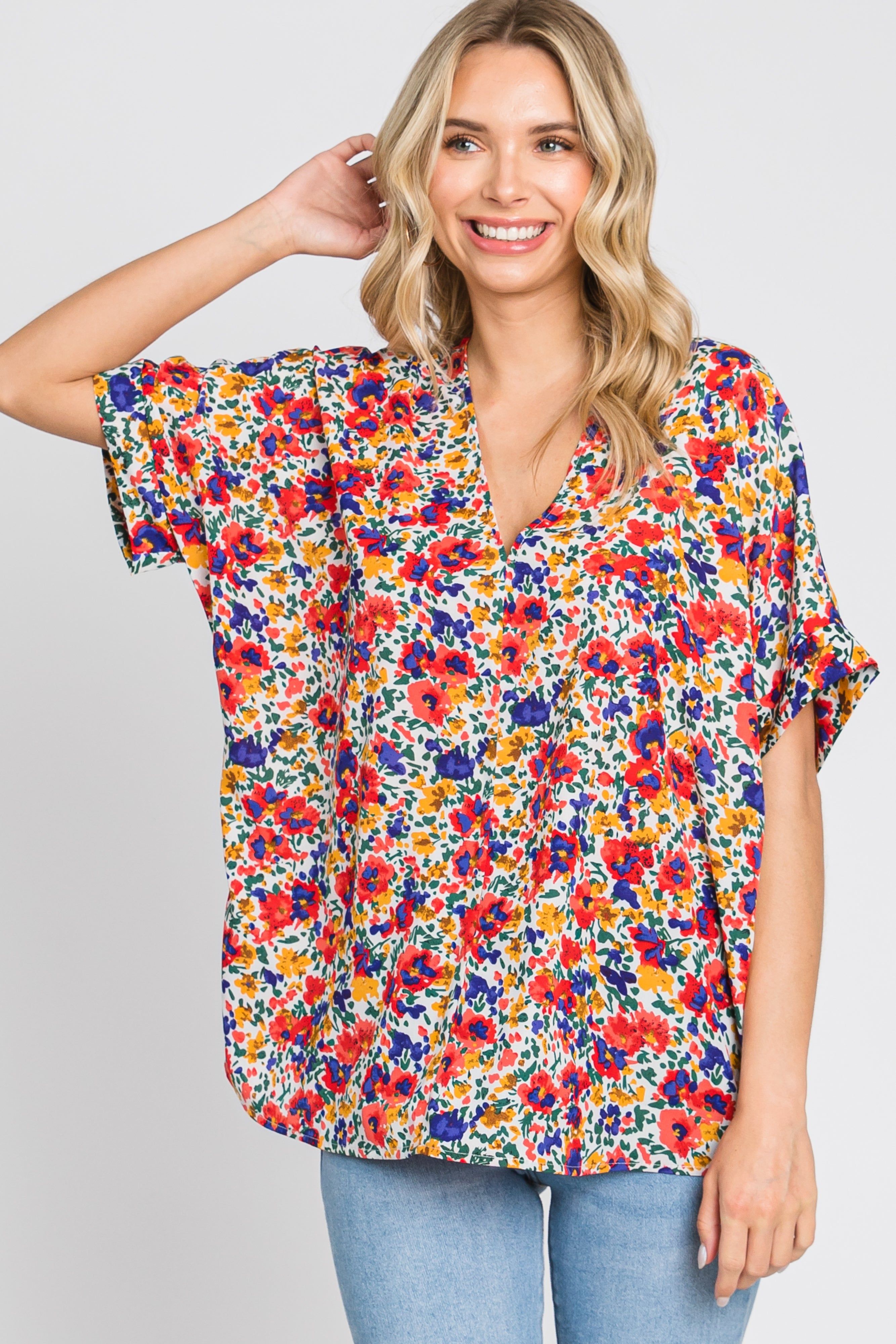 Ivory Floral V-Neck Short Dolman Sleeve Maternity Top sold by Pinkblush product image thumbnail 5