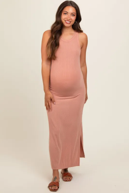 Rust Ribbed Knit Side Slit Sleeveless Maternity Dress sold by Pinkblush