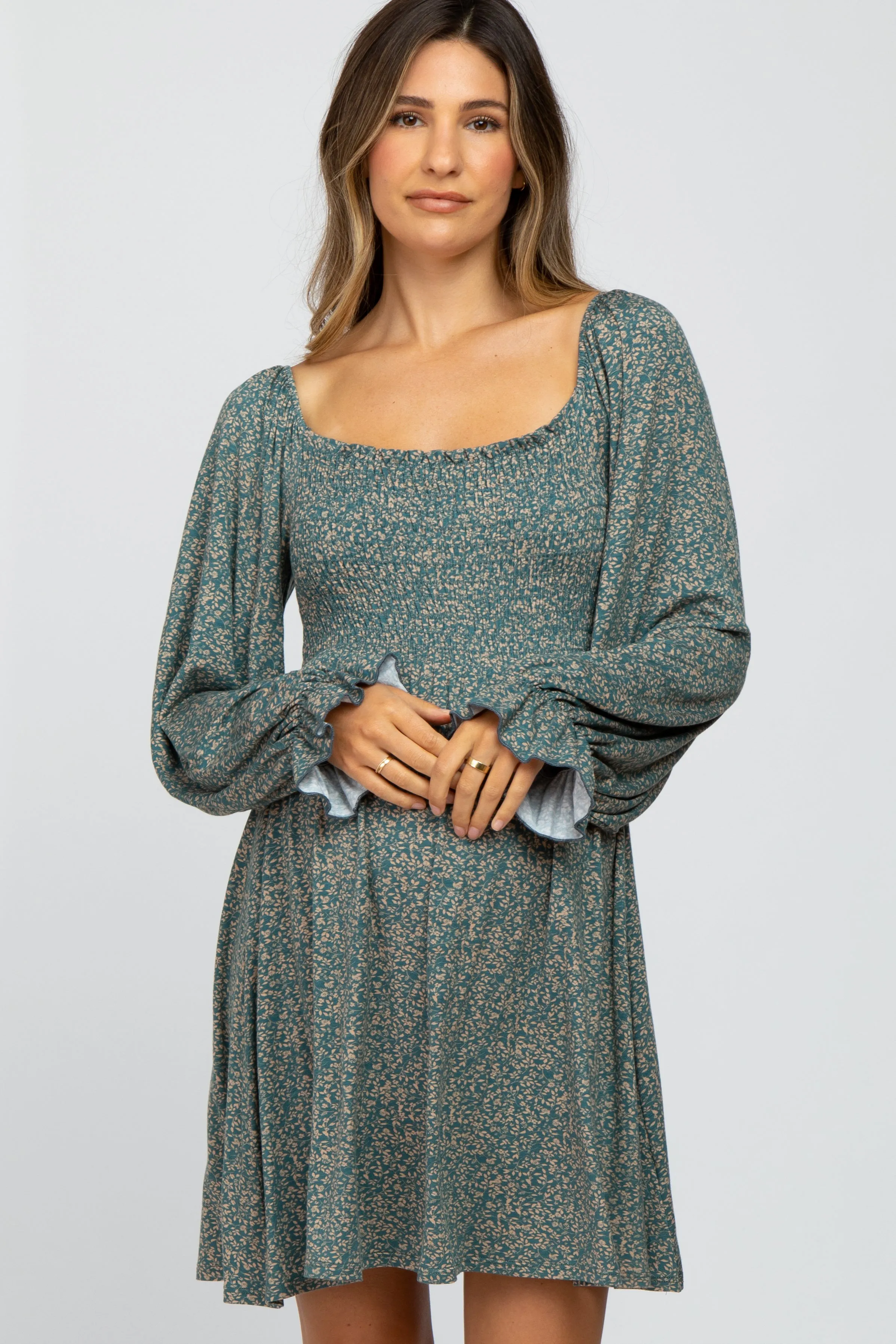 Teal Floral Smocked Peasant Sleeve Maternity Dress sold by Pinkblush product image thumbnail 4