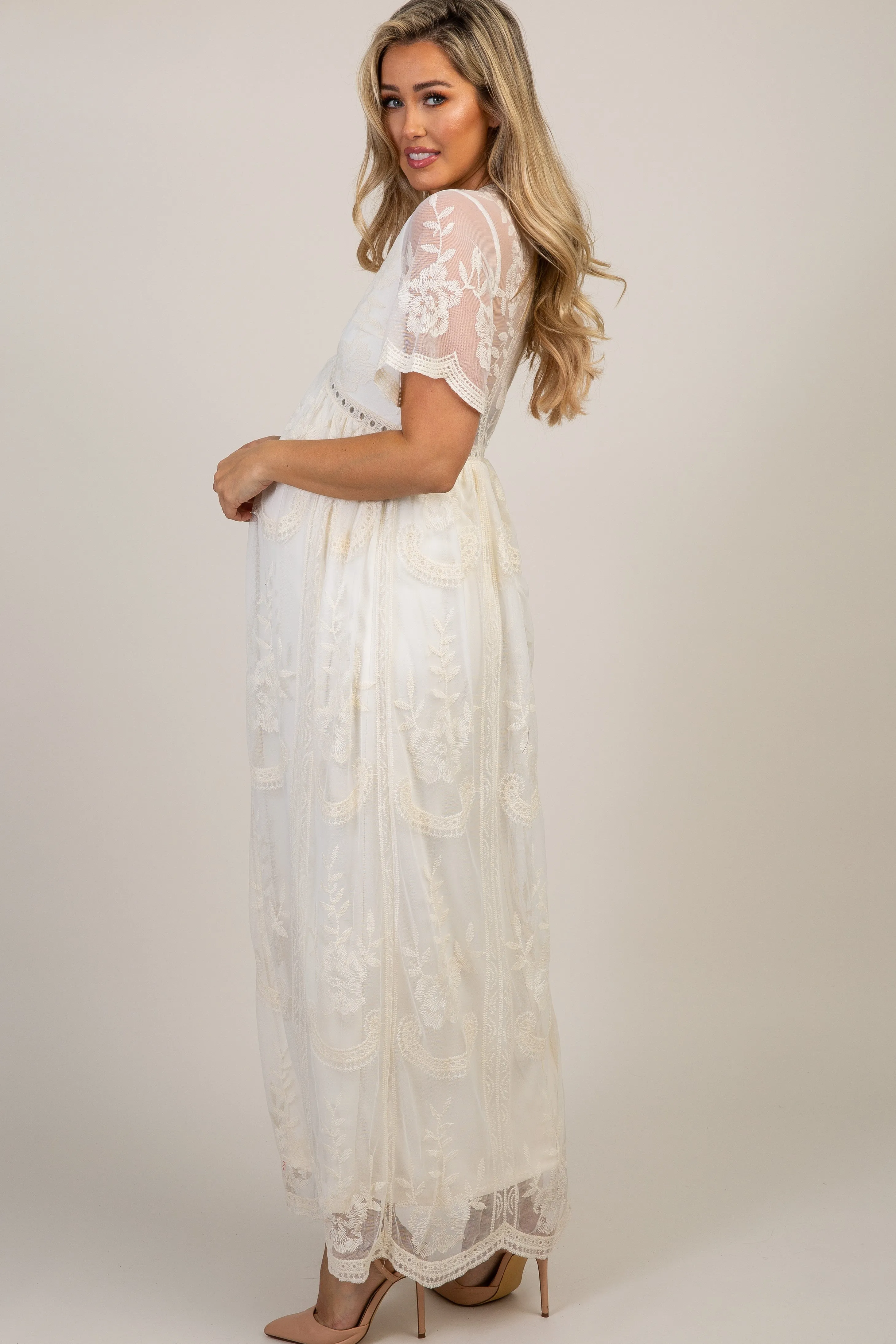 PinkBlush Cream Lace Mesh Overlay Maternity Maxi Dress sold by Pinkblush product image thumbnail 2