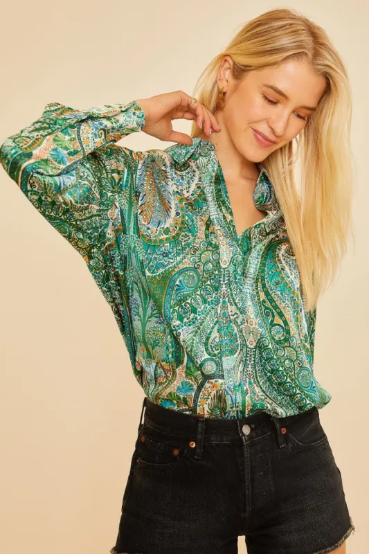 Green Multi Printed Satin Loose Fit Blouse sold by Pinkblush