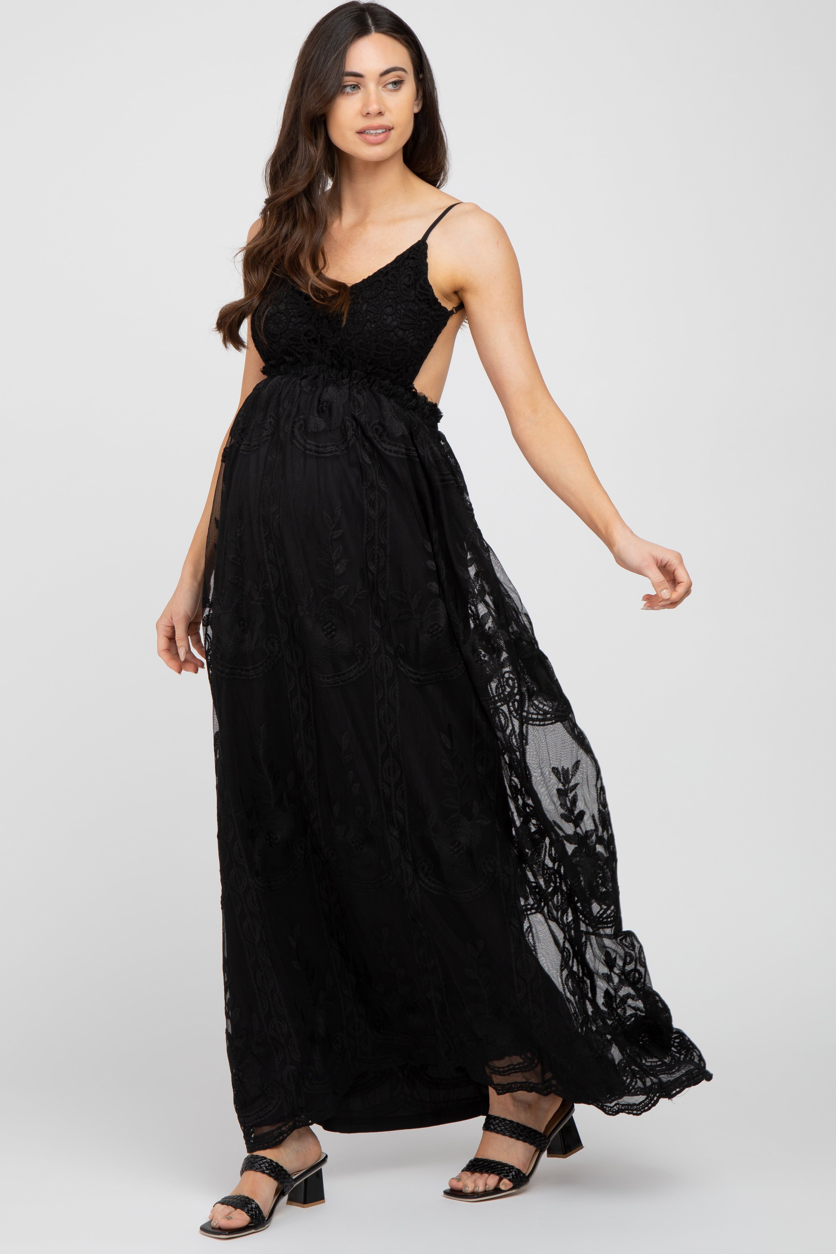 Black Crochet Lace Open Back Maternity Maxi Dress sold by Pinkblush product image thumbnail 2