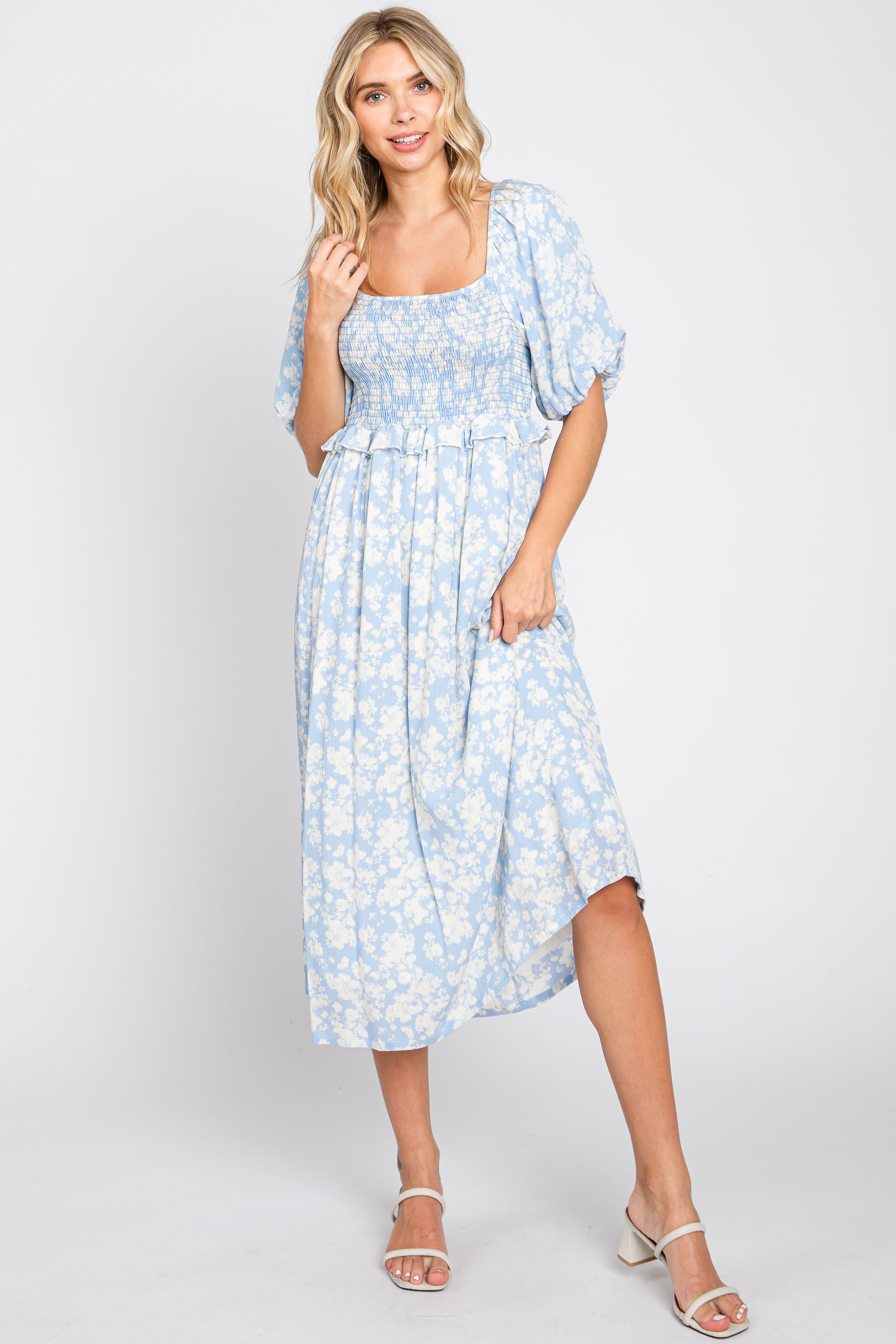 Light Blue Floral Smocked Midi Dress sold by Pinkblush