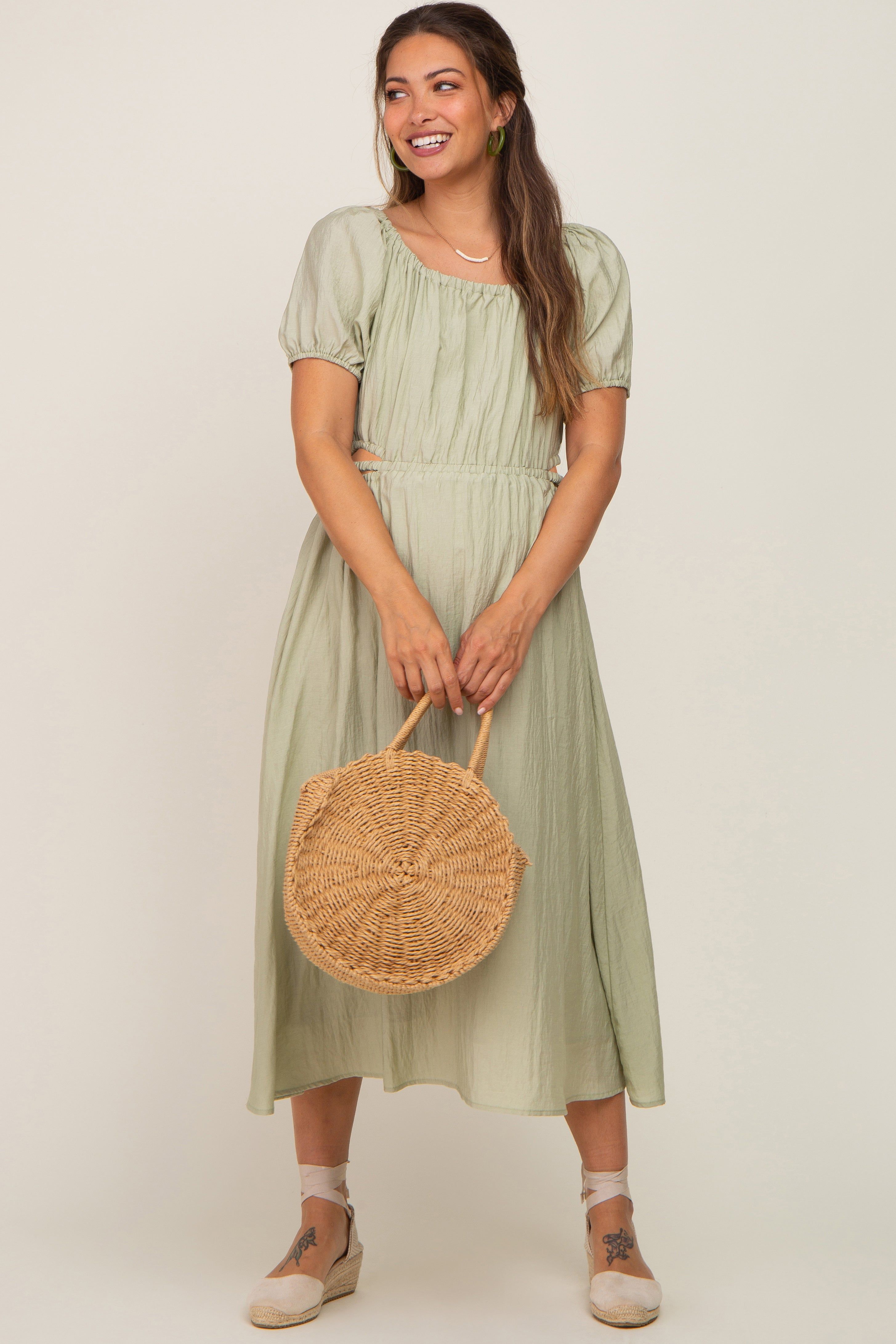 Sage Cutout Puff Sleeve Maternity Midi Dress sold by Pinkblush