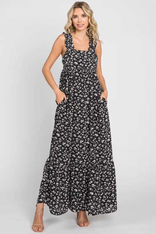 Black Floral Ruffle Trim Maxi Dress sold by Pinkblush