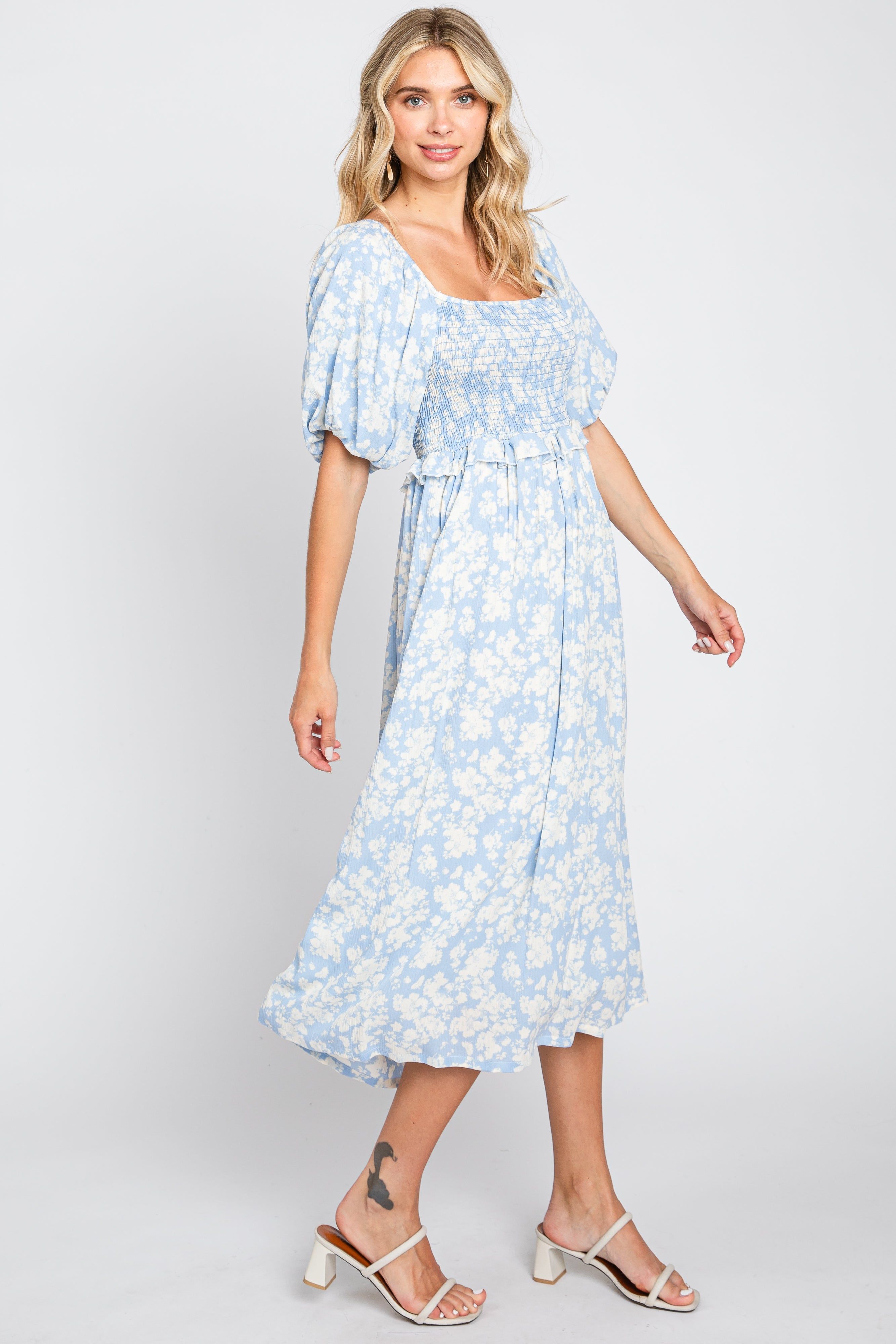 Light Blue Floral Smocked Midi Dress sold by Pinkblush product image thumbnail 2
