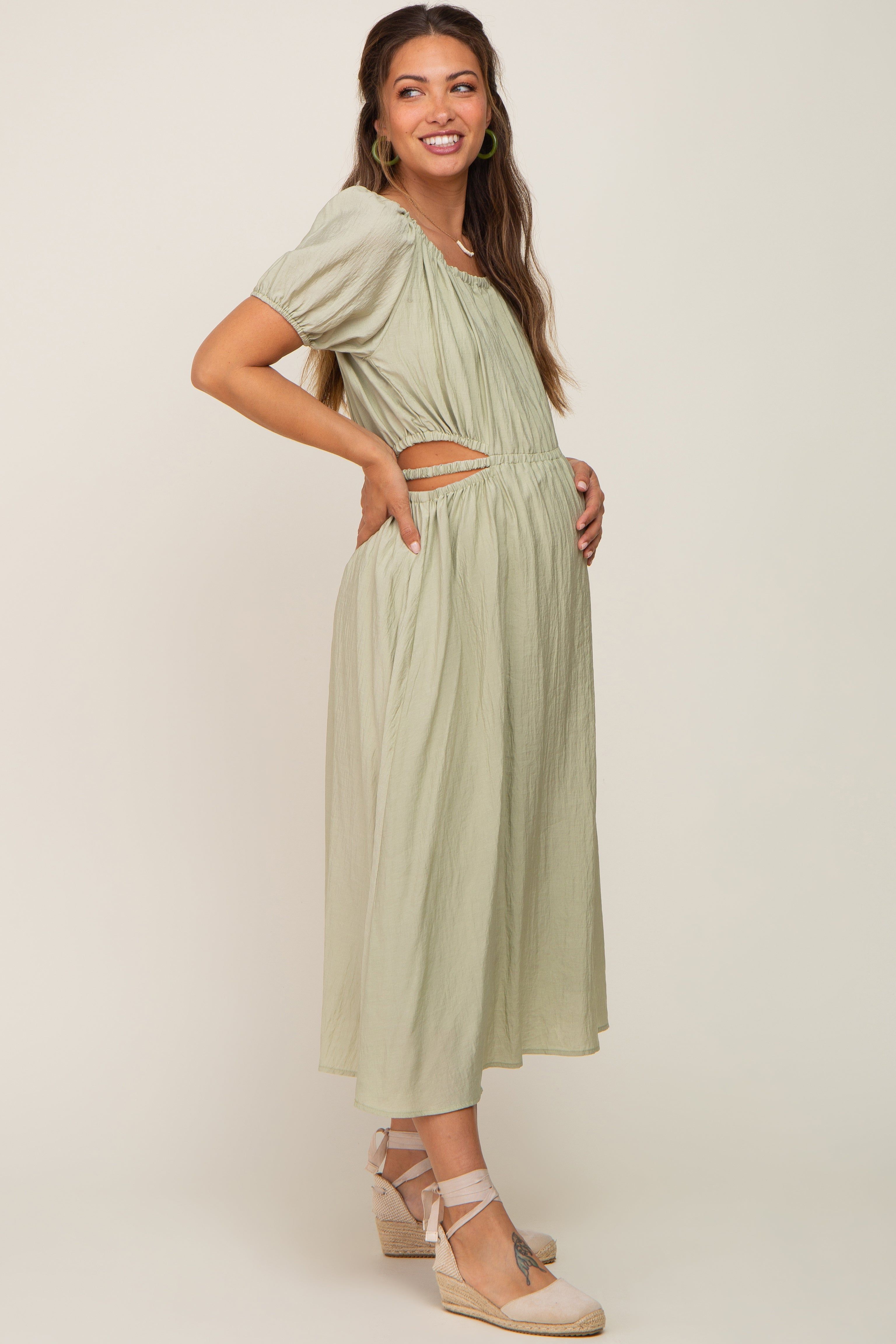 Sage Cutout Puff Sleeve Maternity Midi Dress sold by Pinkblush product image thumbnail 2