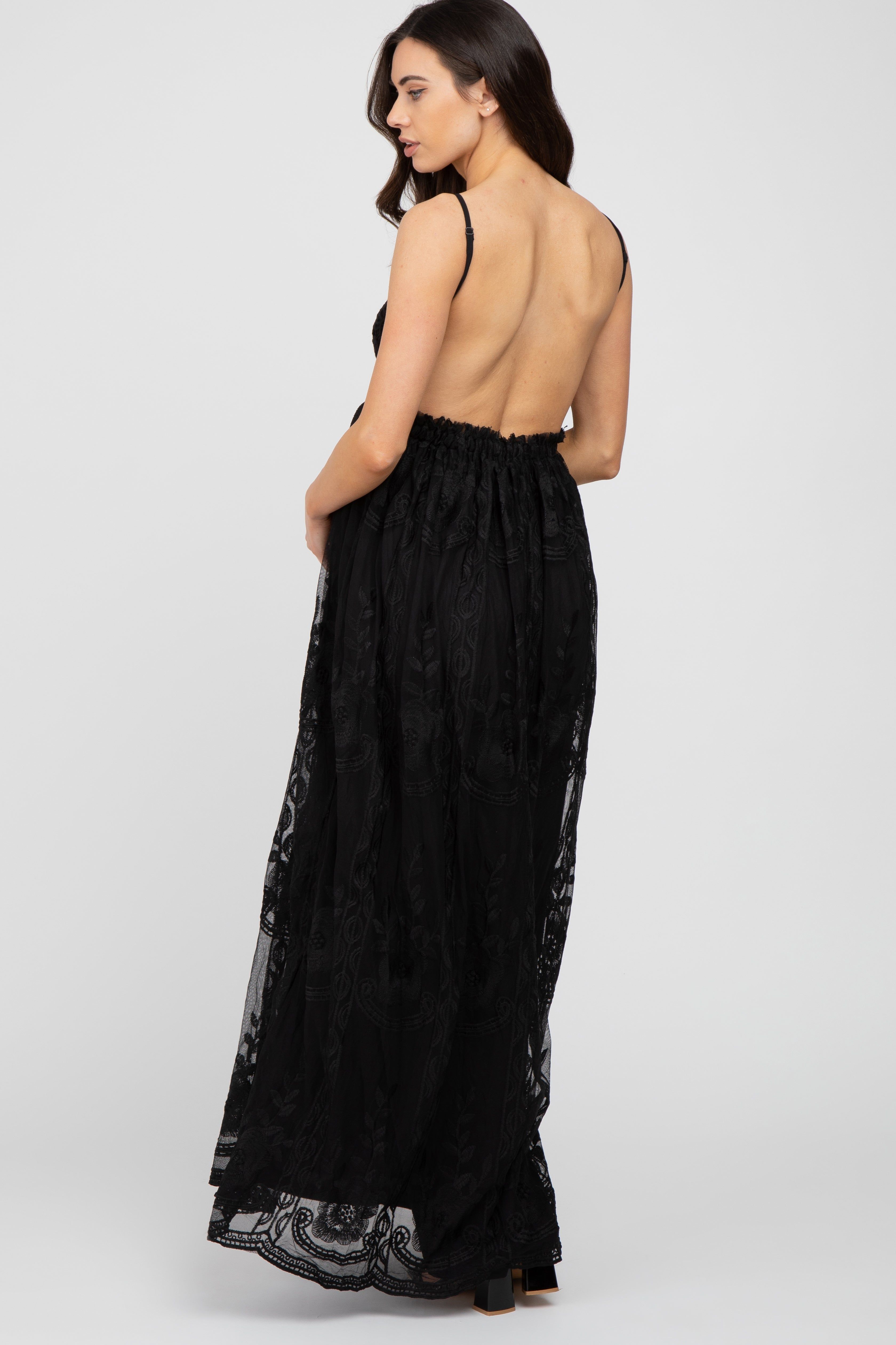 Black Crochet Lace Open Back Maternity Maxi Dress sold by Pinkblush product image thumbnail 3
