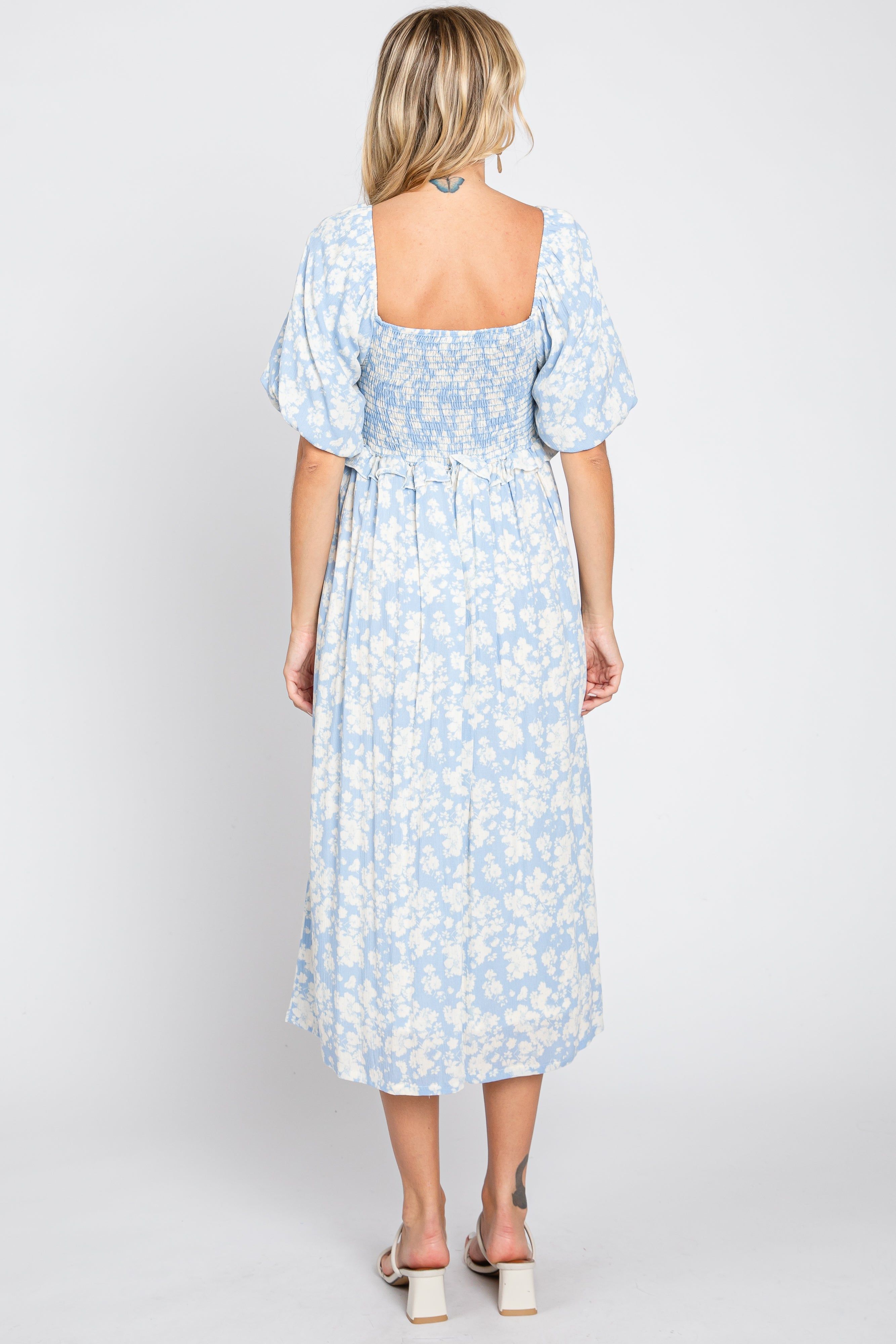Light Blue Floral Smocked Midi Dress sold by Pinkblush product image thumbnail 3