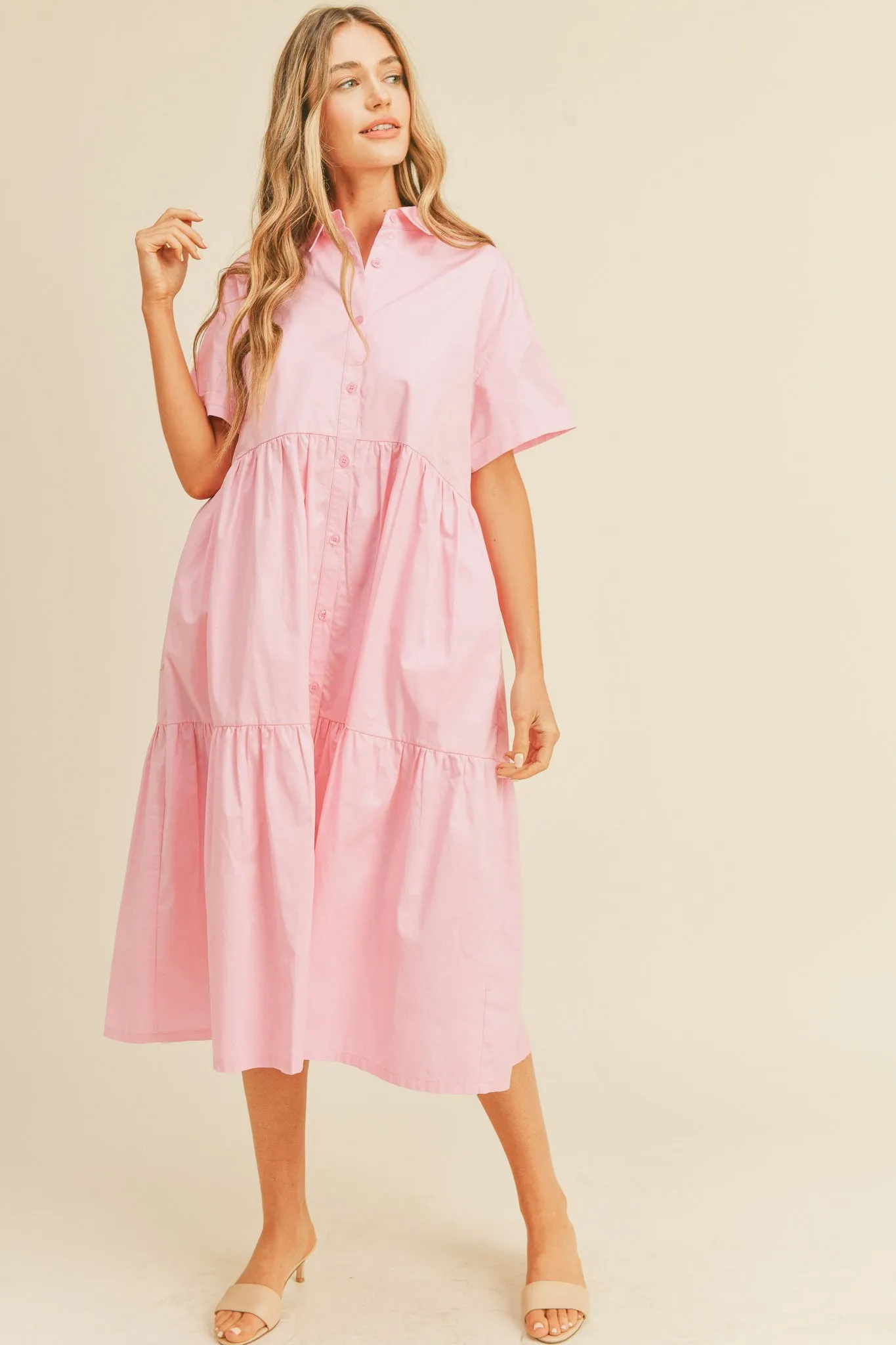 Light Pink Tiered Button Down Midi Dress sold by Pinkblush