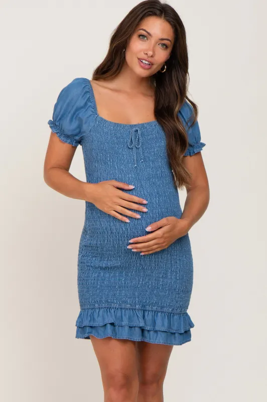 Blue Chambray Smocked Maternity Mini Dress sold by Pinkblush