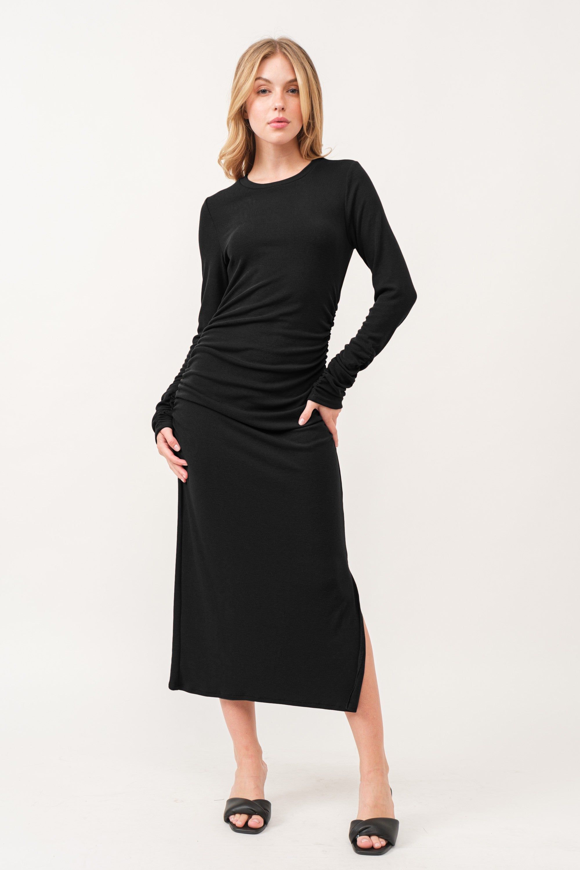 Black Ruched Long Sleeve Maternity Midi Dress sold by Pinkblush product image thumbnail 5