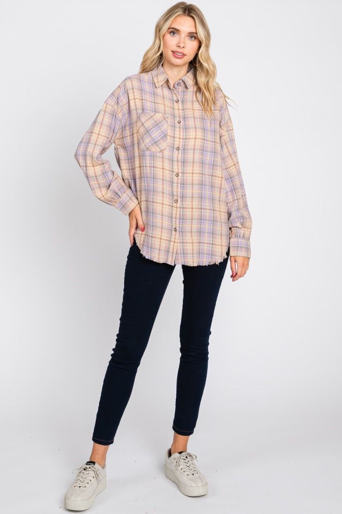 Lavender Plaid Button Up Raw Edge Flannel Top sold by Pinkblush product image thumbnail 5