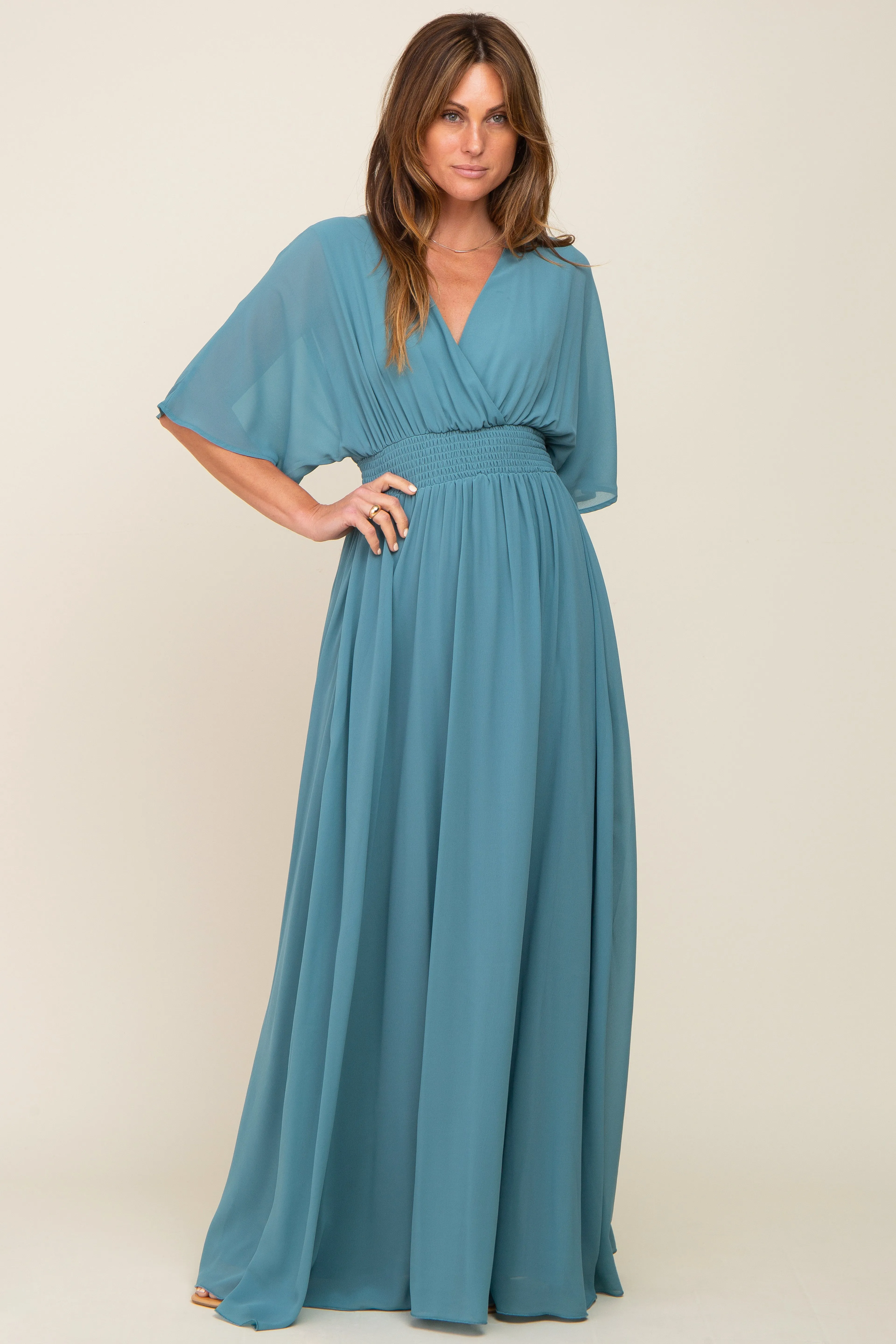 Turquoise Chiffon V-Neck Smocked Waist Maxi Dress sold by Pinkblush product image thumbnail 4