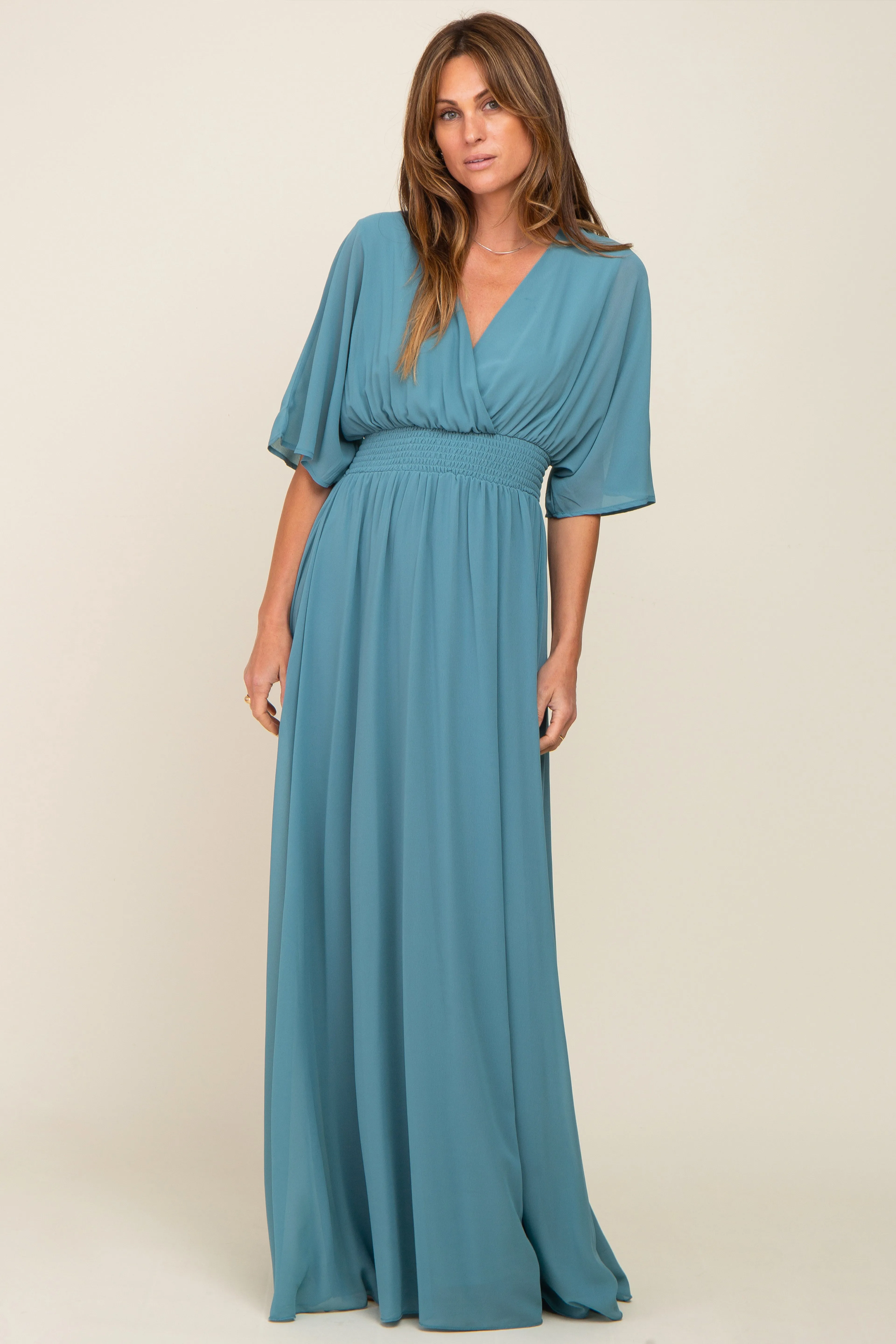 Turquoise Chiffon V-Neck Smocked Waist Maxi Dress sold by Pinkblush