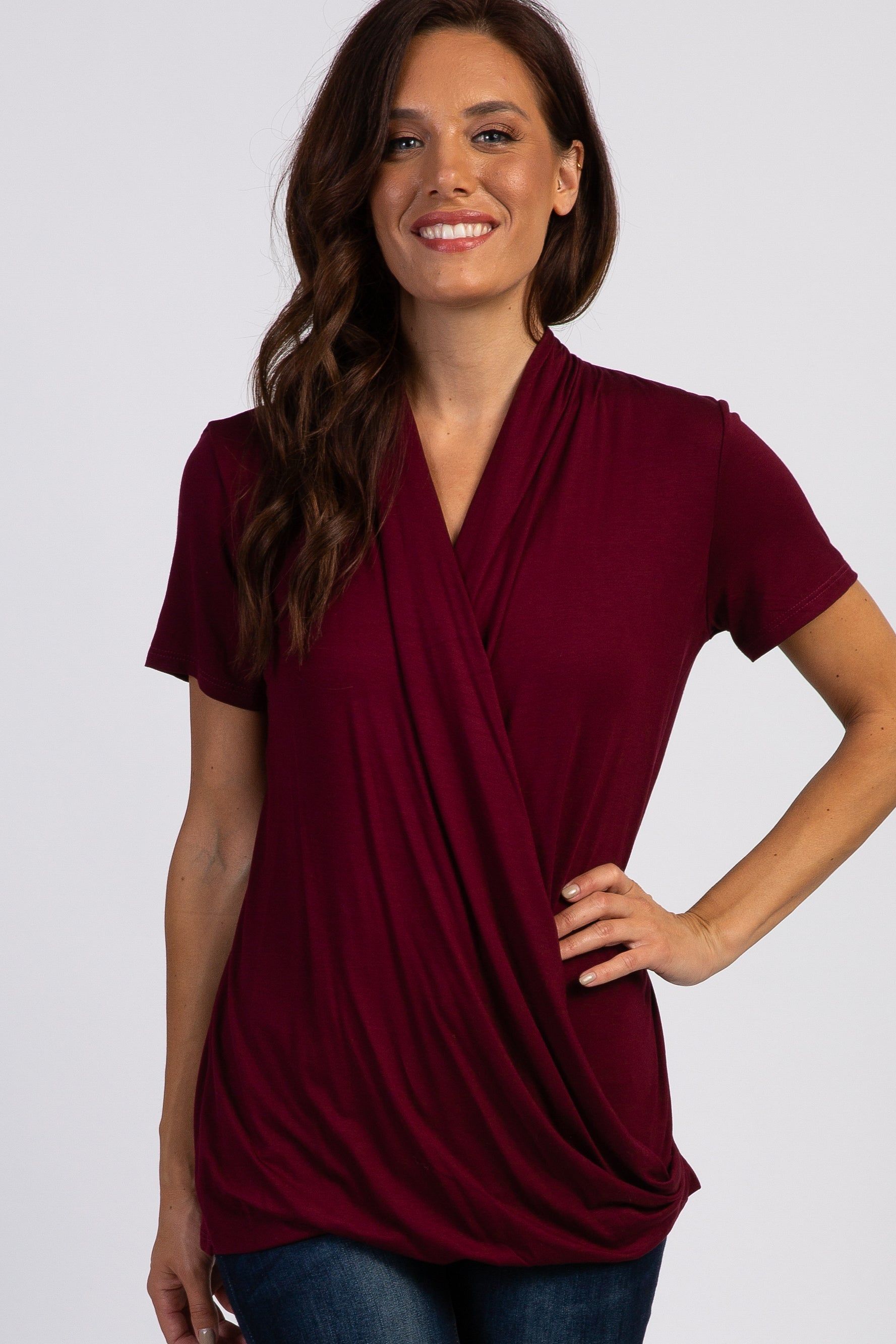 PinkBlush Burgundy Pleated Wrap Accent Nursing Top sold by Pinkblush