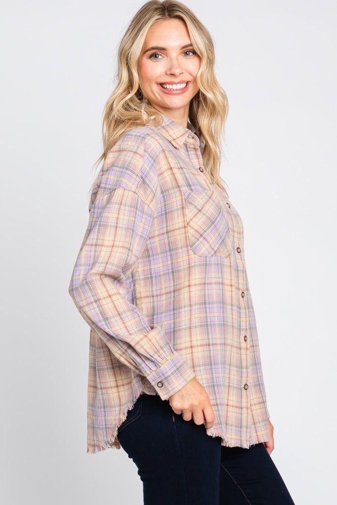 Lavender Plaid Button Up Raw Edge Flannel Top sold by Pinkblush product image thumbnail 3