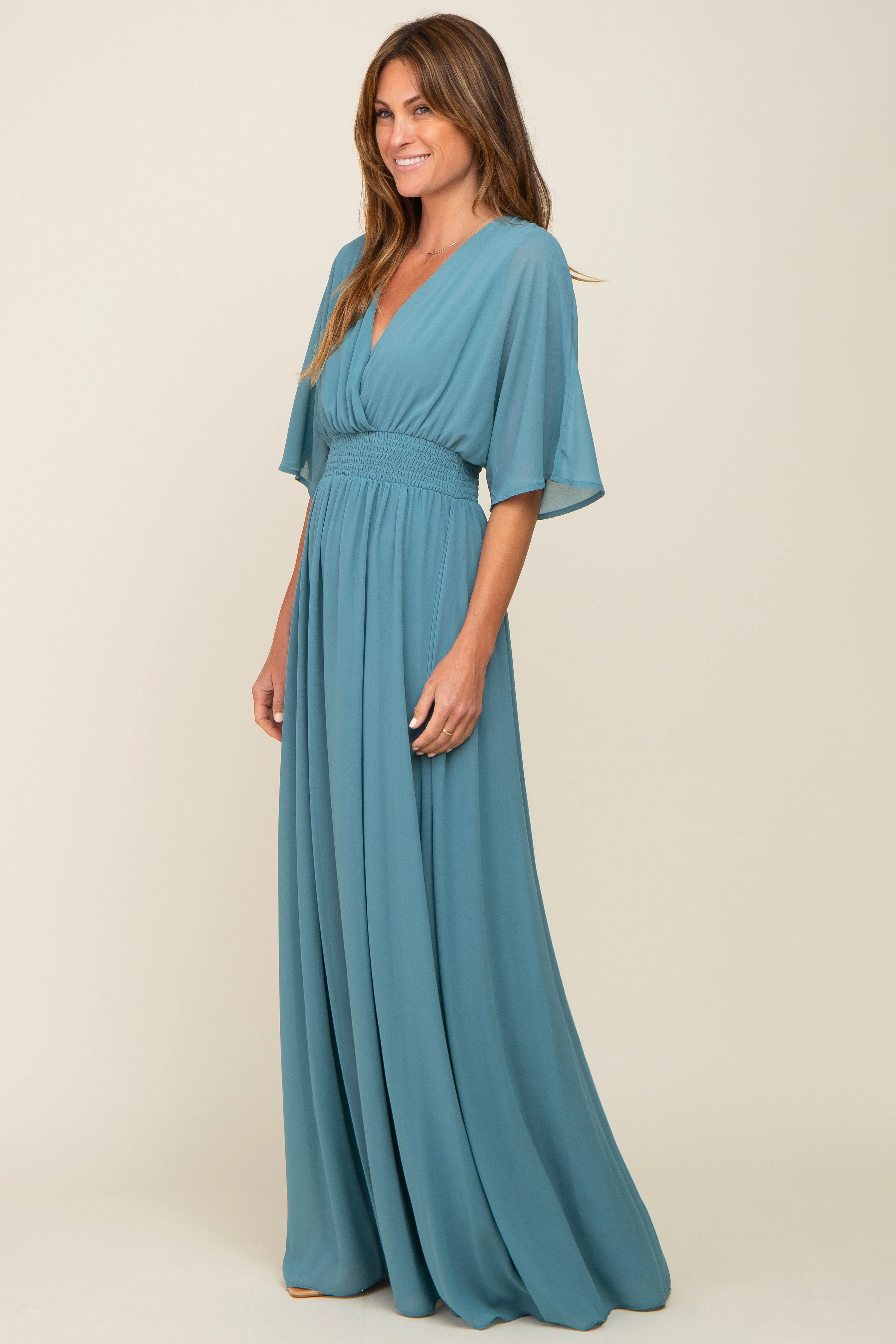 Turquoise Chiffon V-Neck Smocked Waist Maxi Dress sold by Pinkblush product image thumbnail 2