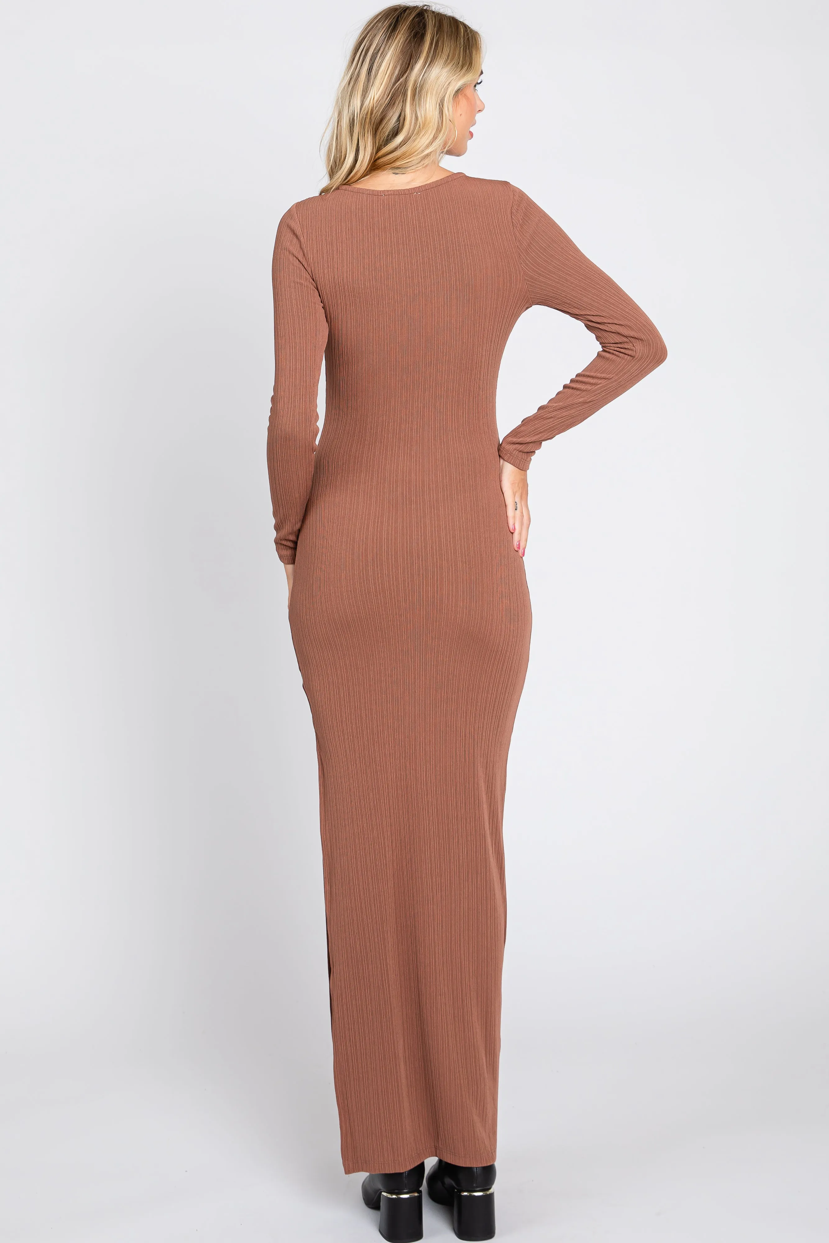 Brown Ribbed Long Sleeve Side Slit Maxi Dress sold by Pinkblush product image thumbnail 3