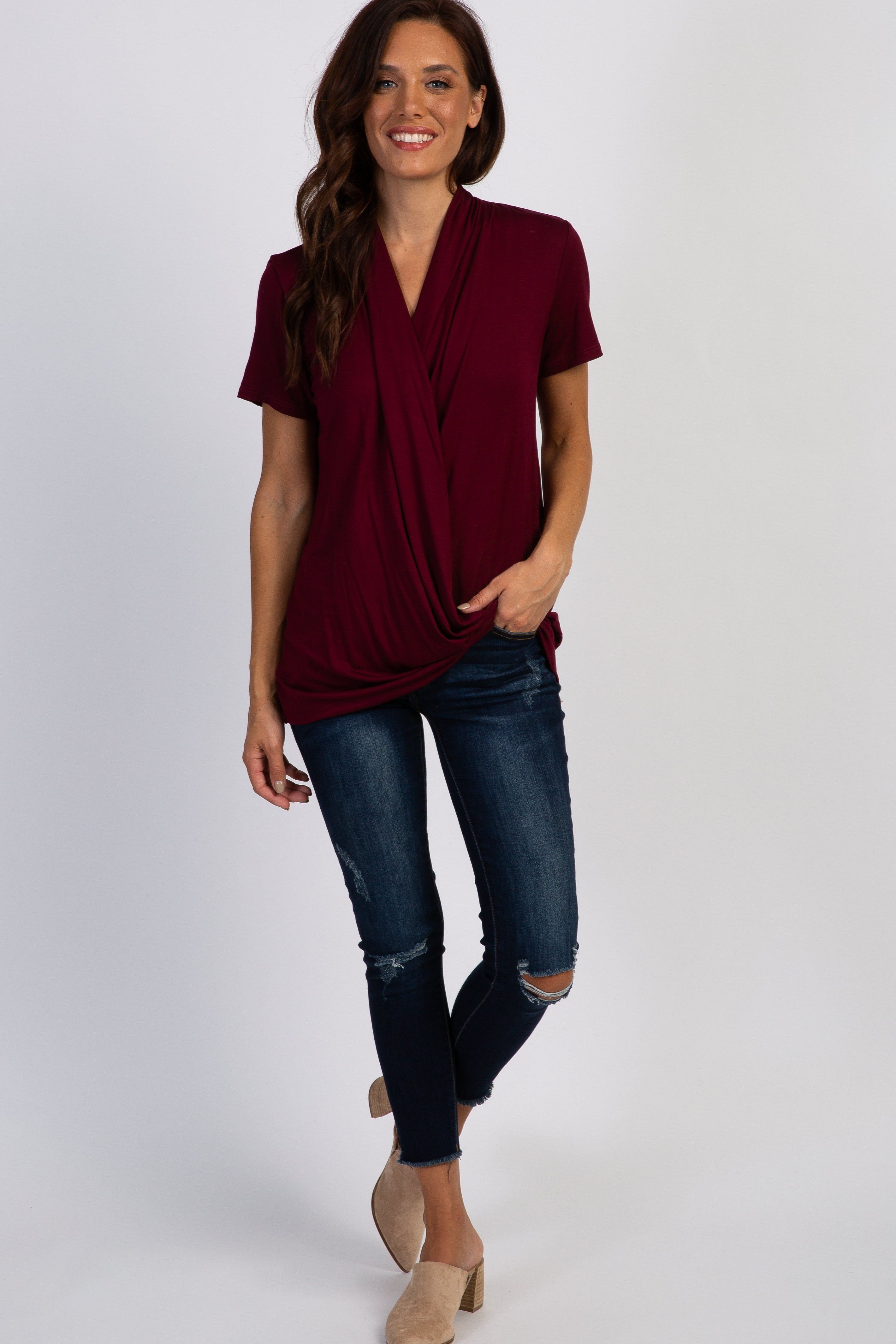 PinkBlush Burgundy Pleated Wrap Accent Nursing Top sold by Pinkblush product image thumbnail 5