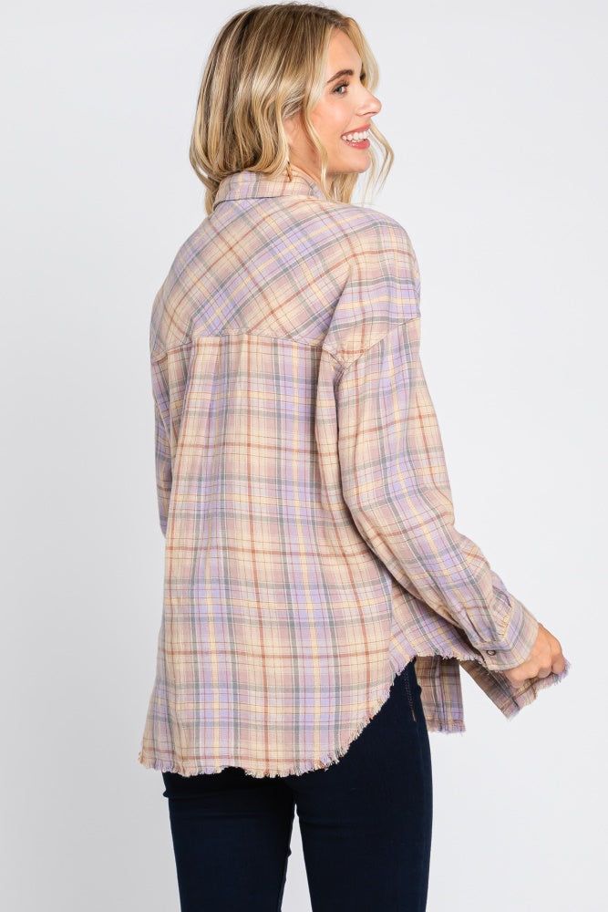 Lavender Plaid Button Up Raw Edge Flannel Top sold by Pinkblush product image thumbnail 4