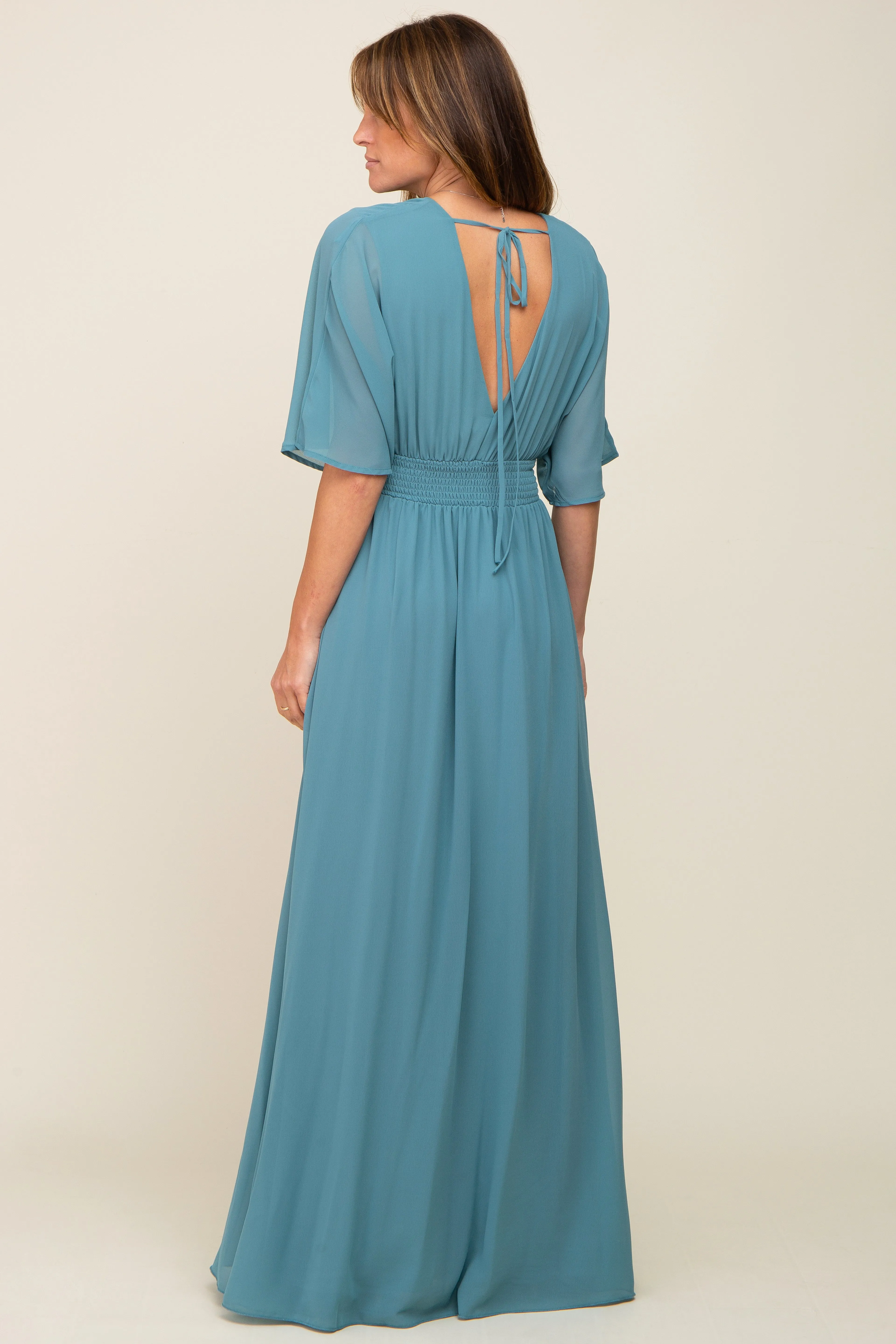 Turquoise Chiffon V-Neck Smocked Waist Maxi Dress sold by Pinkblush product image thumbnail 3