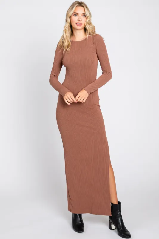 Brown Ribbed Long Sleeve Side Slit Maxi Dress sold by Pinkblush