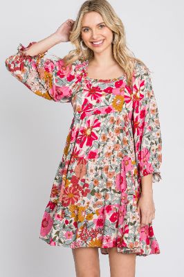 Pink Floral 3/4 Sleeve Tiered Dress sold by Pinkblush