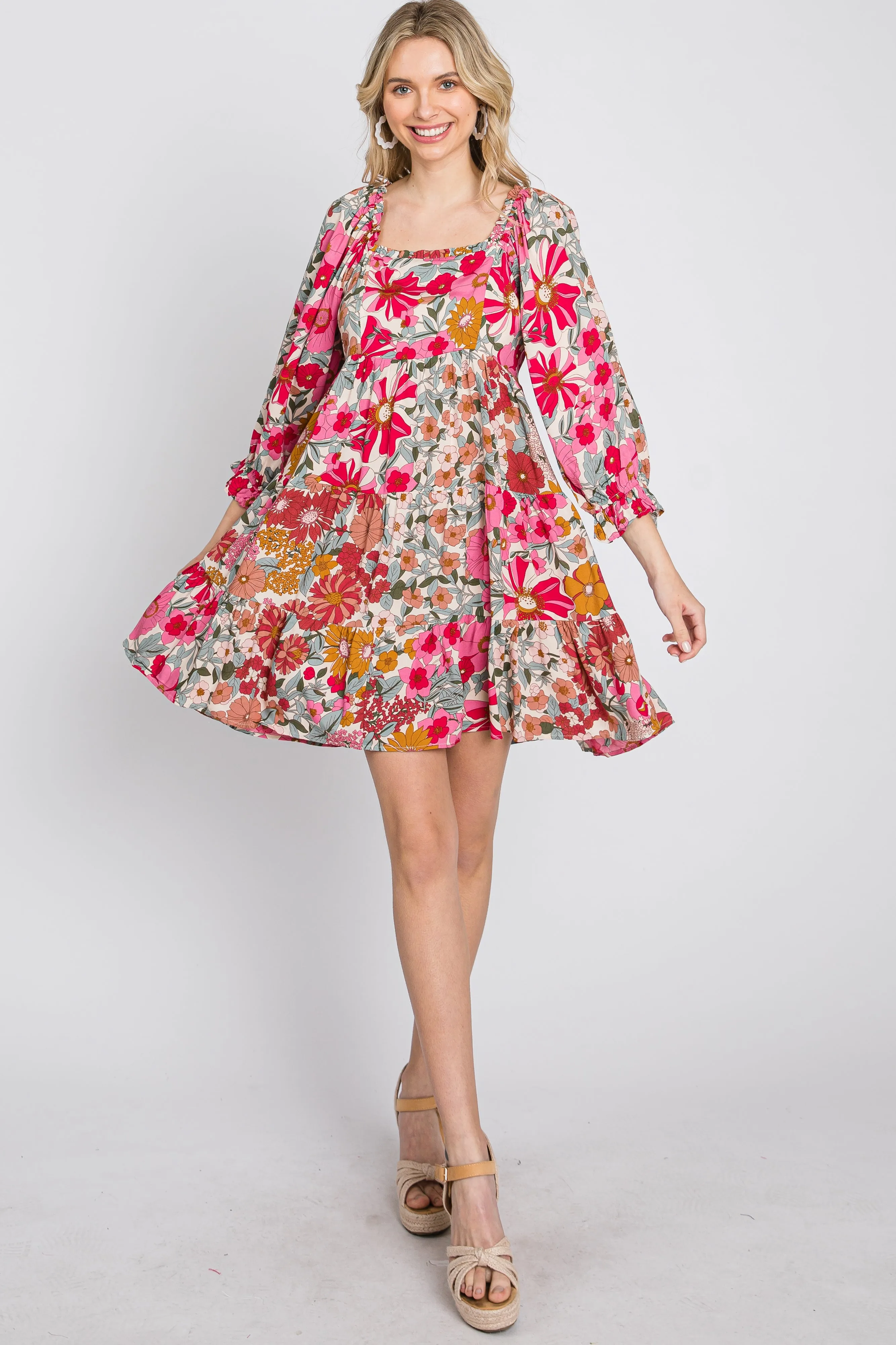 Pink Floral 3/4 Sleeve Tiered Dress sold by Pinkblush product image thumbnail 2