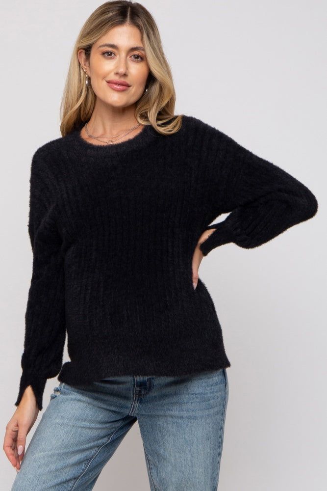 Black Fuzzy Ribbed Knit Maternity Sweater sold by Pinkblush