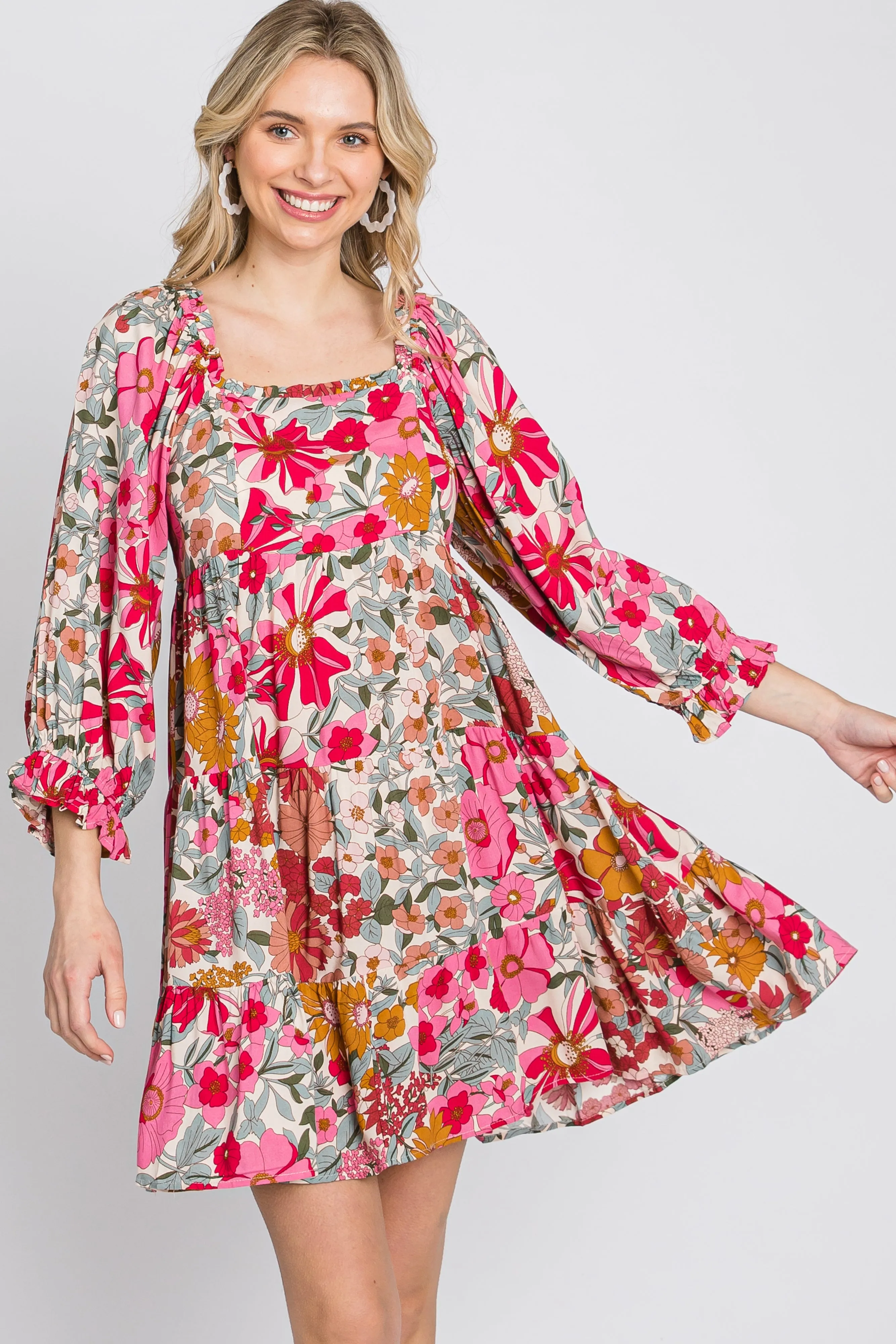 Pink Floral 3/4 Sleeve Tiered Dress sold by Pinkblush product image thumbnail 3