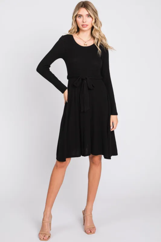 Black Soft Rib Knit Sash Tie Dress sold by Pinkblush
