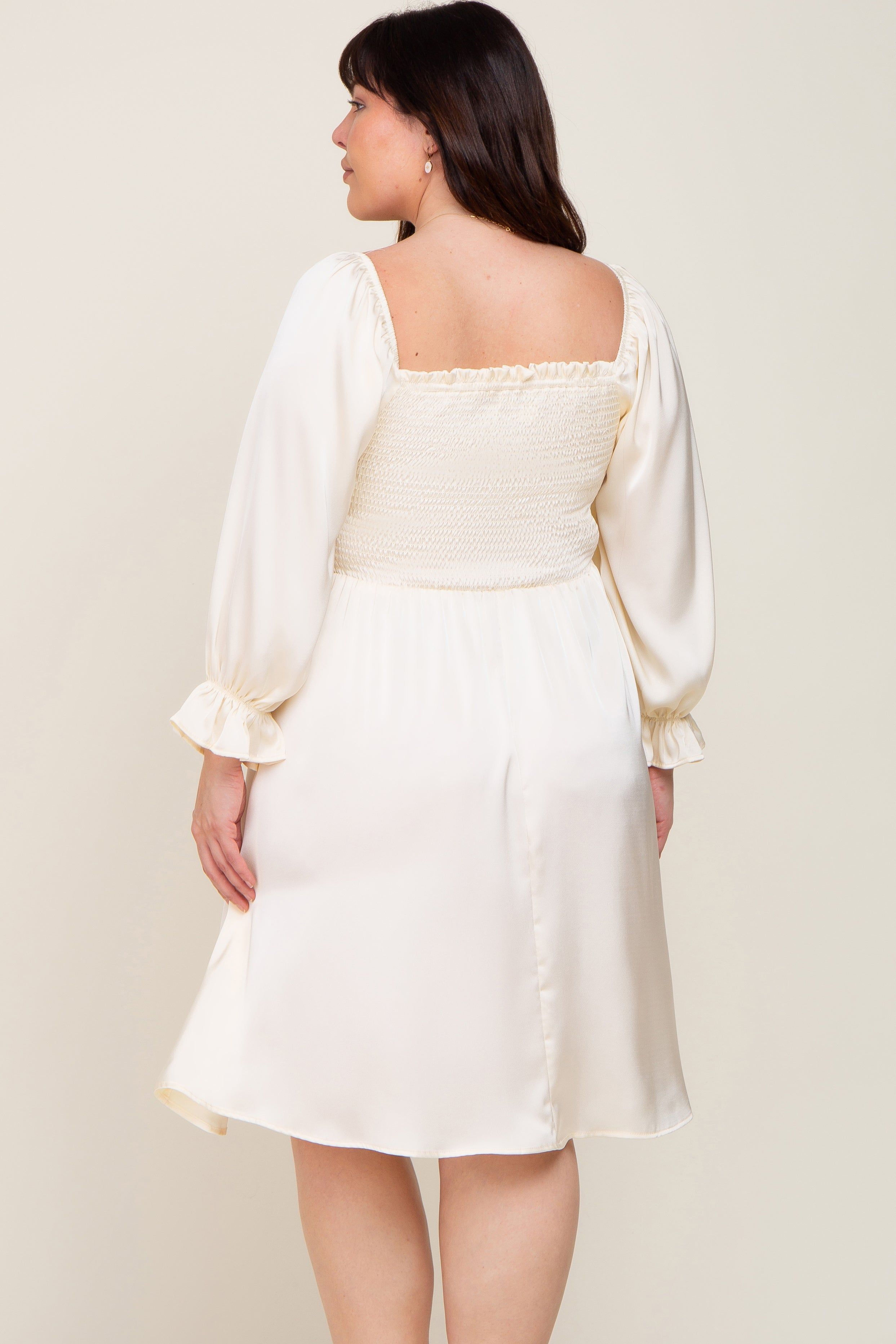 Ivory Satin Smocked Square Neck Plus Dress sold by Pinkblush product image thumbnail 3