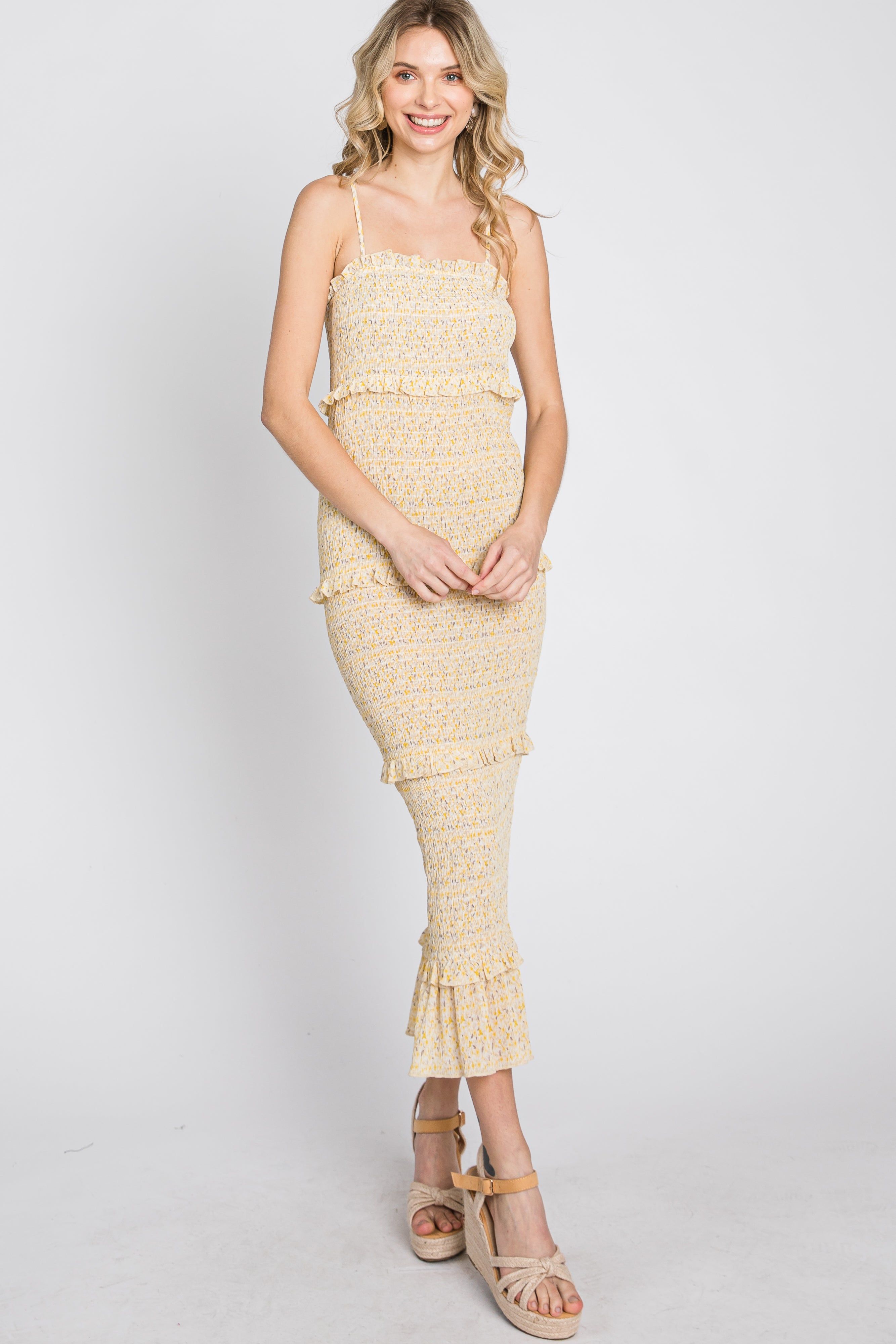 Yellow Floral Print Smocked Maxi Dress sold by Pinkblush product image thumbnail 4